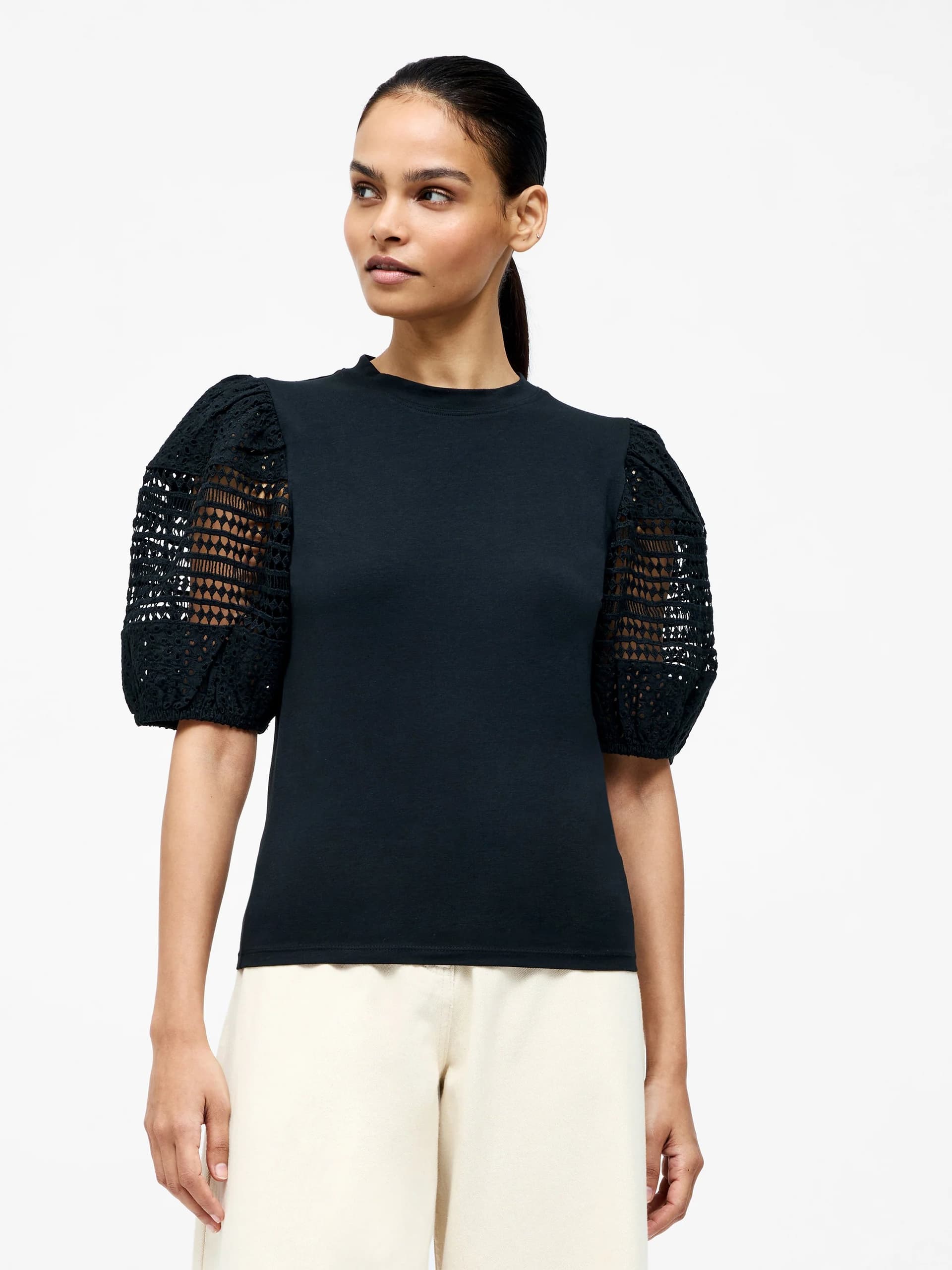French Connection Crochet Lace Puff Sleeve Top Black