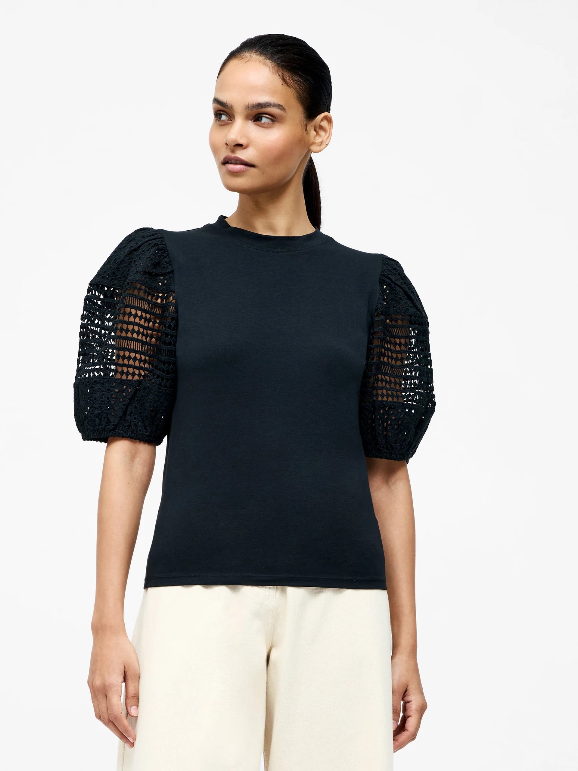 French Connection Black Crochet Lace Puff Sleeve Top