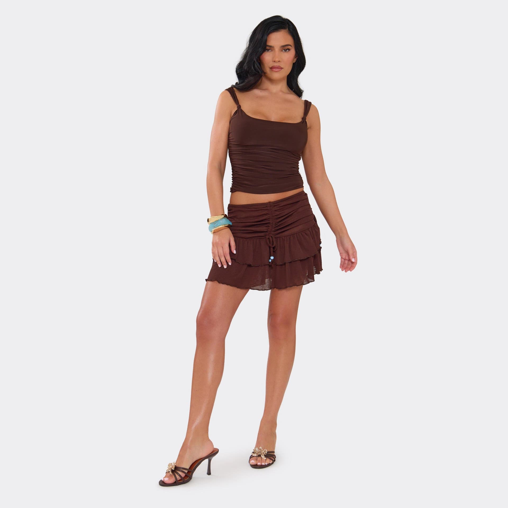 EGO Low Rise Bead Detail Tiered Ruched Mini Skirt In Chocolate Brown, Women's Size UK 6