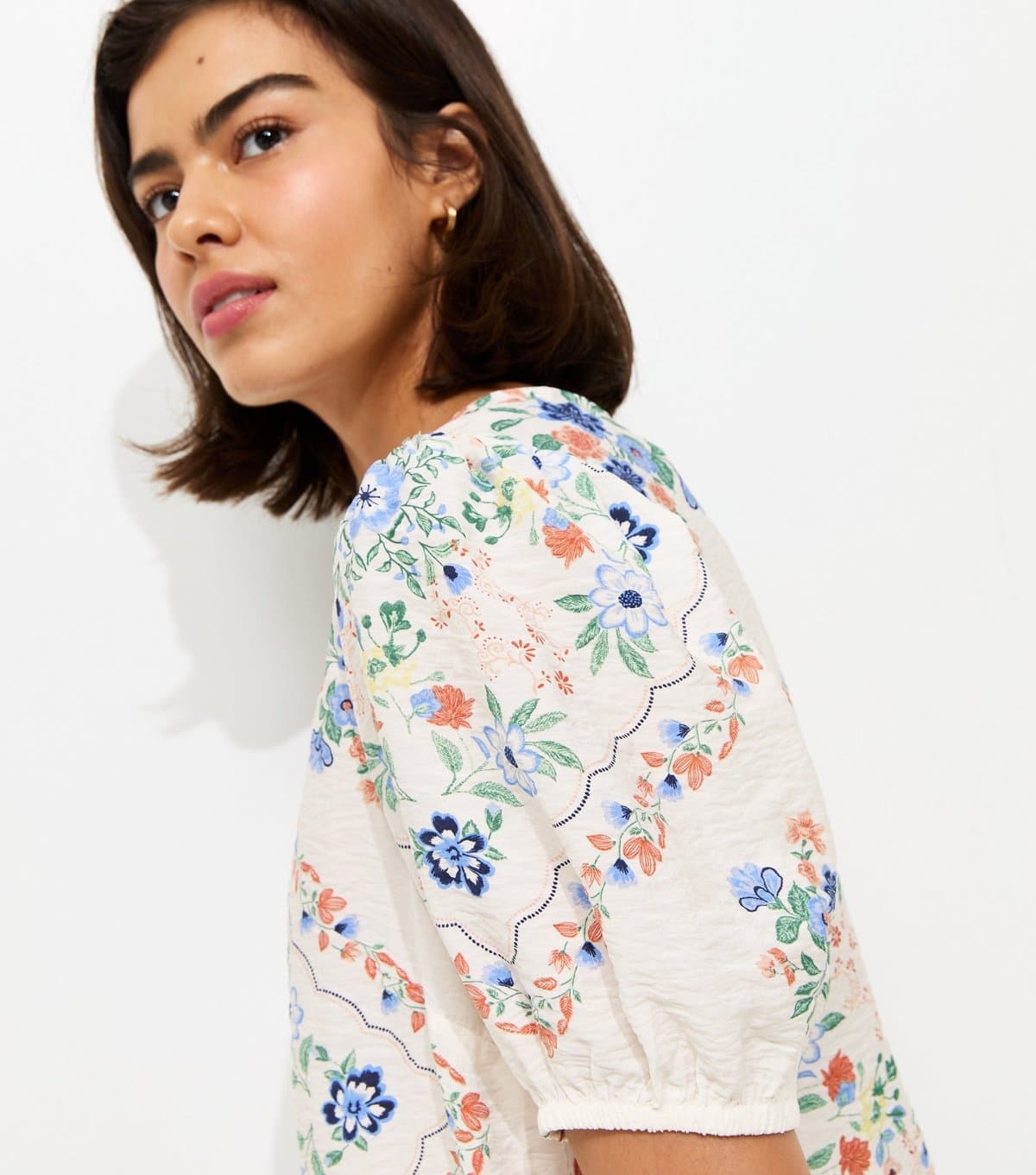 New Look Women's Cream Floral Scarf Print Puff Sleeve T-Shirt New Look