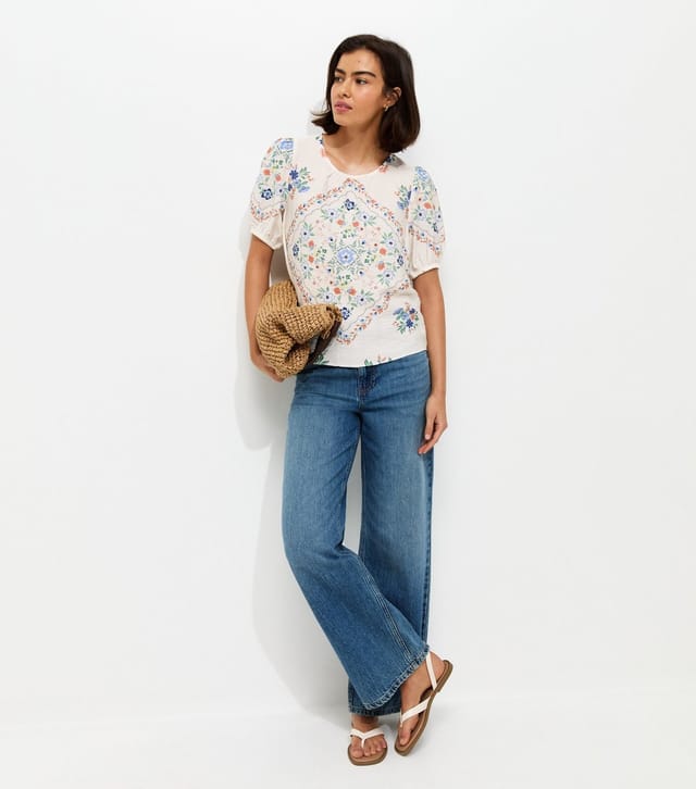 New Look Women's Cream Floral Scarf Print Puff Sleeve T-Shirt New Look - 3