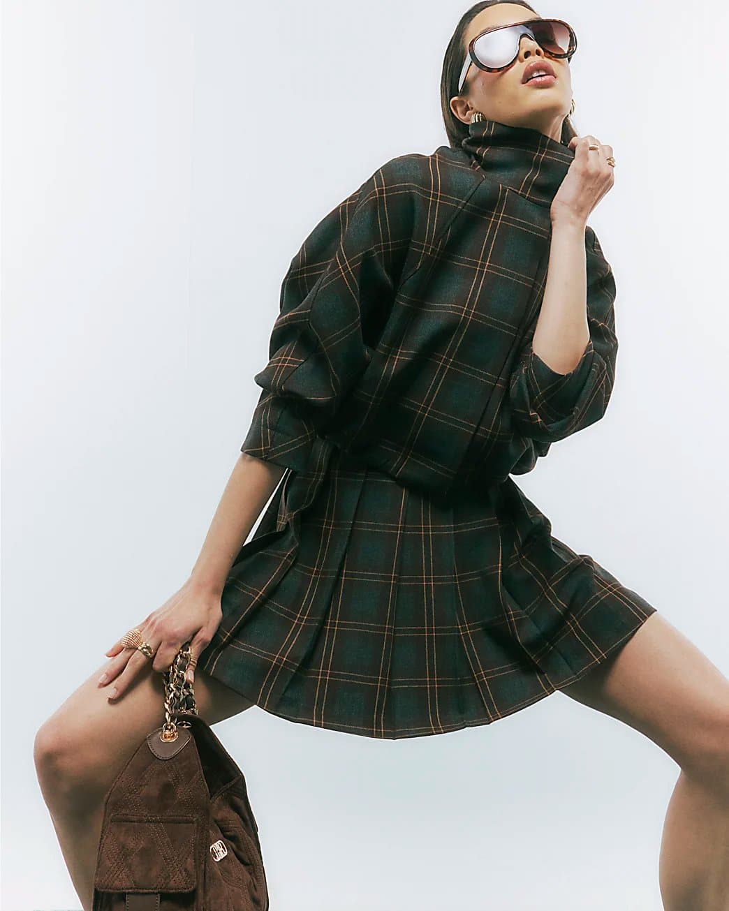 River Island River Island Womens Brown Pleated Check Mini Skirt