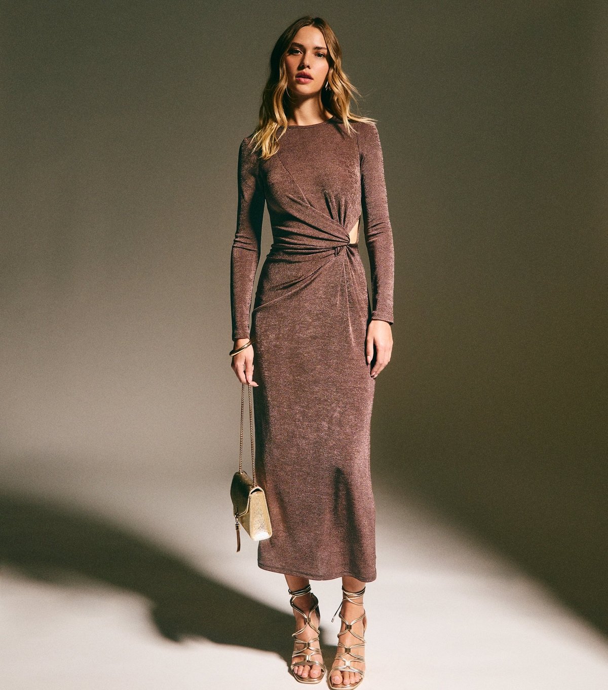 New Look Women's Dark Brown Side Knot Ruched Long Sleeve Midi Dress New Look - 3