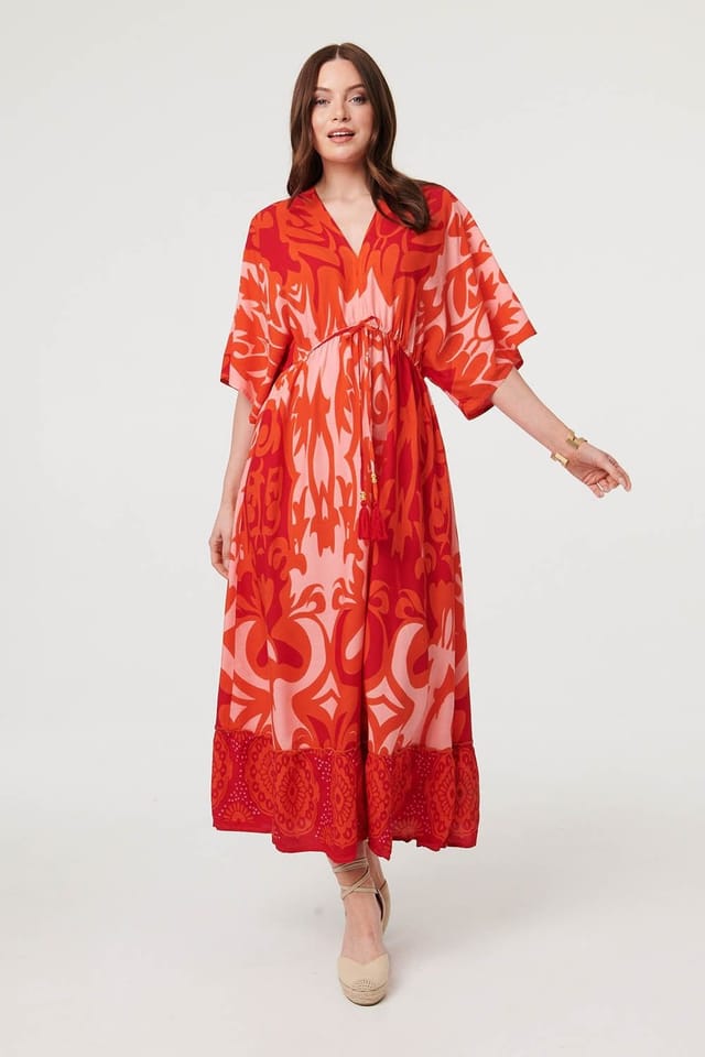 Izabel London Izabel London Women's Abstract 3/4 Sleeve Relaxed Maxi Dress in Red - 2