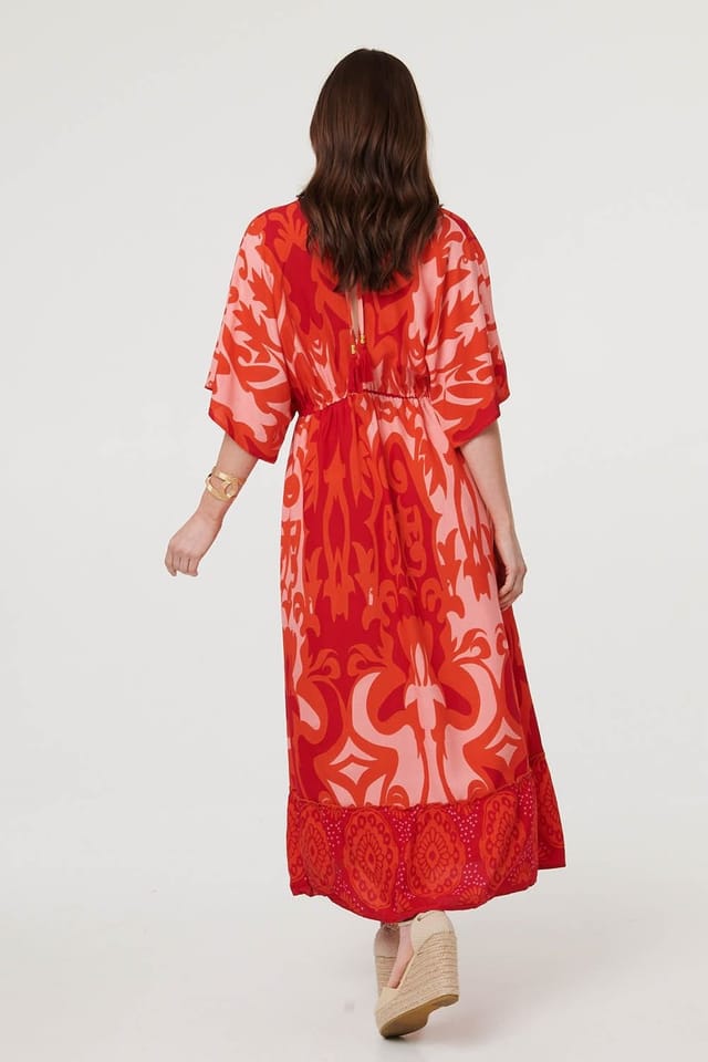 Izabel London Izabel London Women's Abstract 3/4 Sleeve Relaxed Maxi Dress in Red - 3