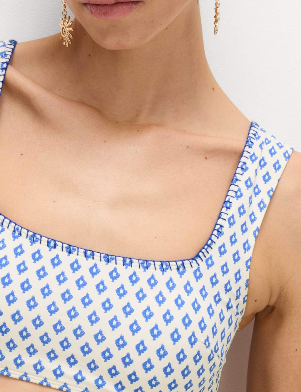 Marks & Spencer M&S Printed Scoop Neck Whipstitch Bikini Top Blue Mix - 4