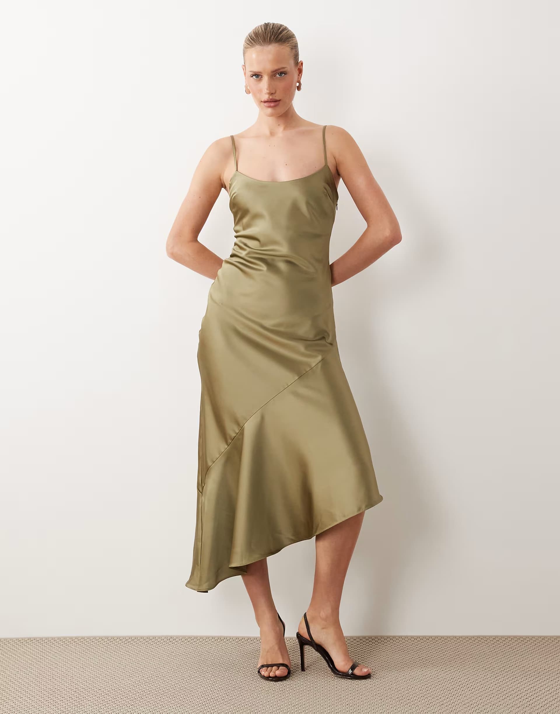 ASOS ASOS DESIGN satin asymmetric hem slip dress in khaki