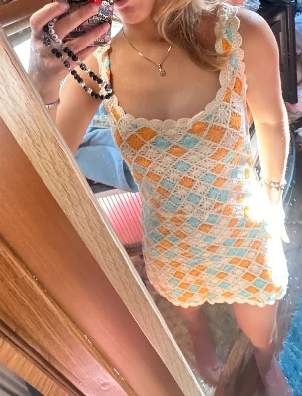 Zara Zara crochet orange blue and creme mini dress 🩵
