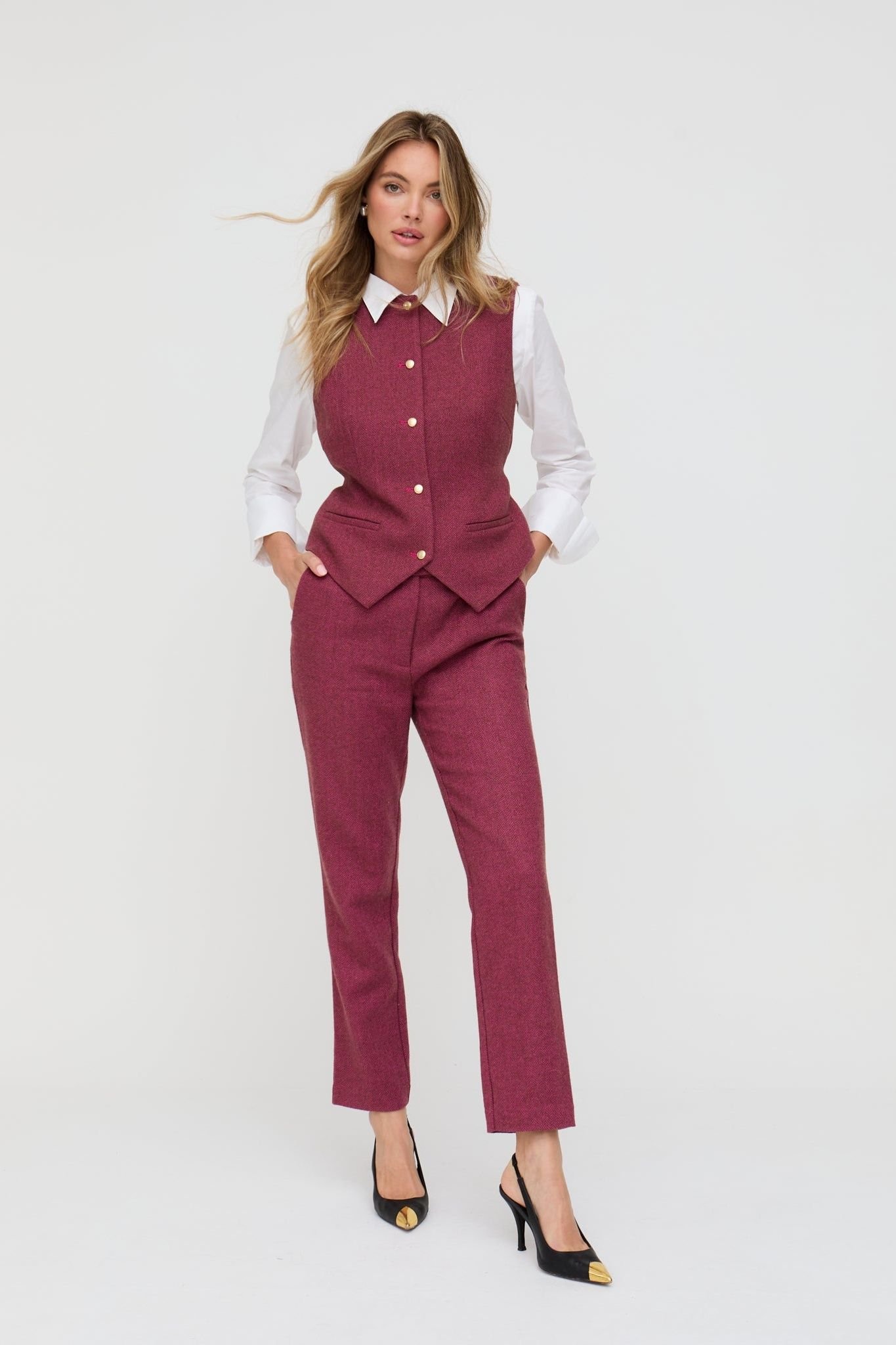 Lily and Lionel Lily and Lionel Women's Pandora Tapered Herringbone Print Trouser In Pink in Raspberry - 3