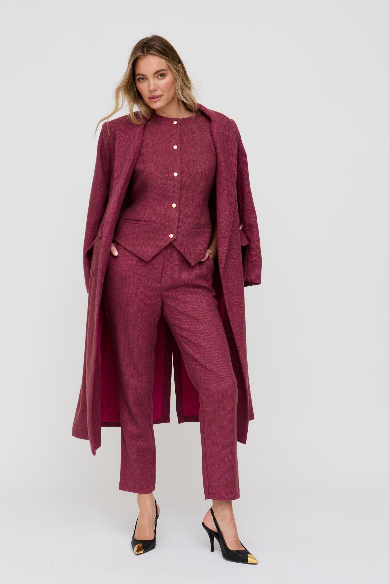 Lily and Lionel Lily and Lionel Women's Pandora Tapered Herringbone Print Trouser In Pink in Raspberry - 4