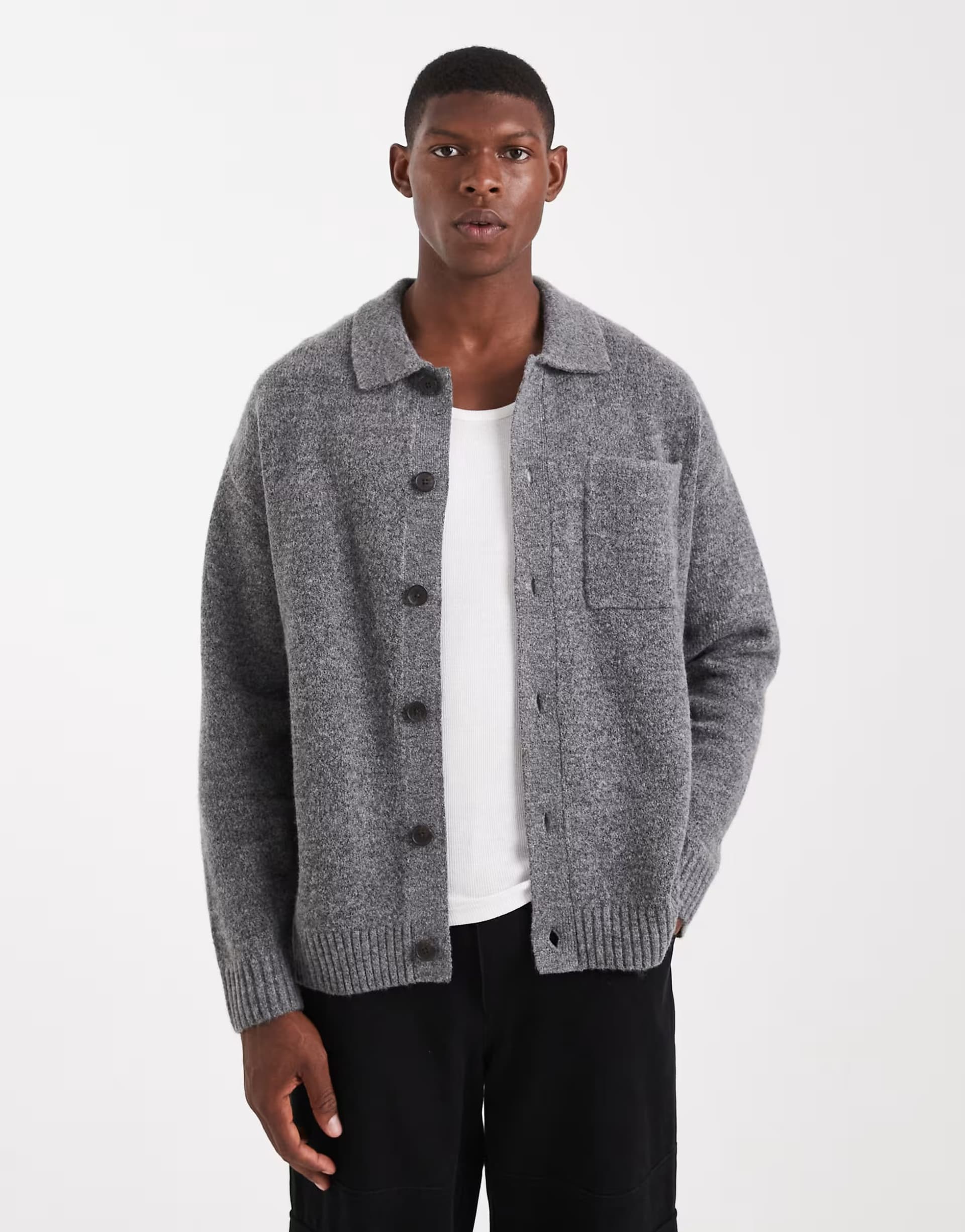 ASOS Jack & Jones premium fluffy cardigan with collar in grey