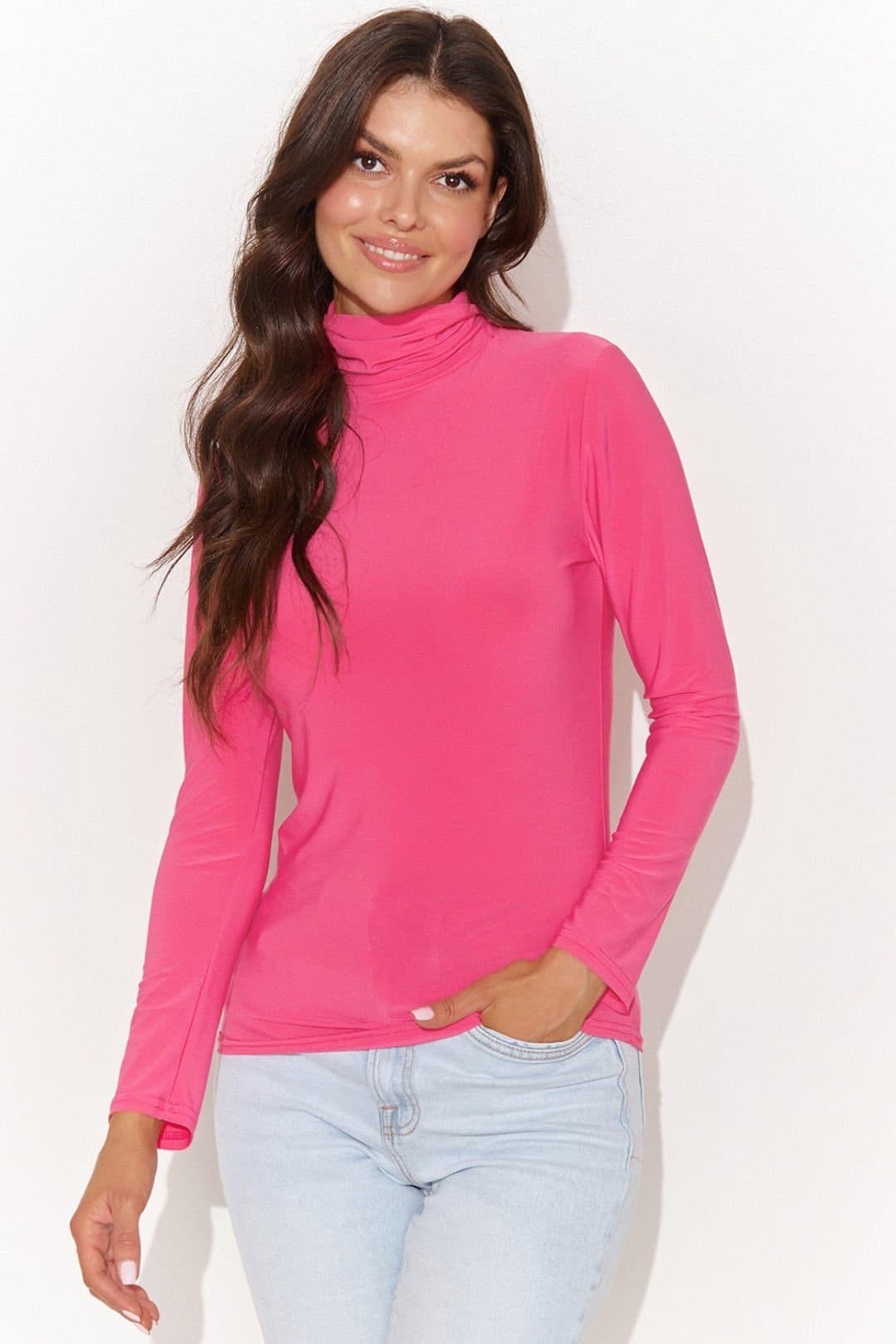 Love Lace Love Lace Women's Stretch Turtleneck Blouse With Gold Back Detail in Pink