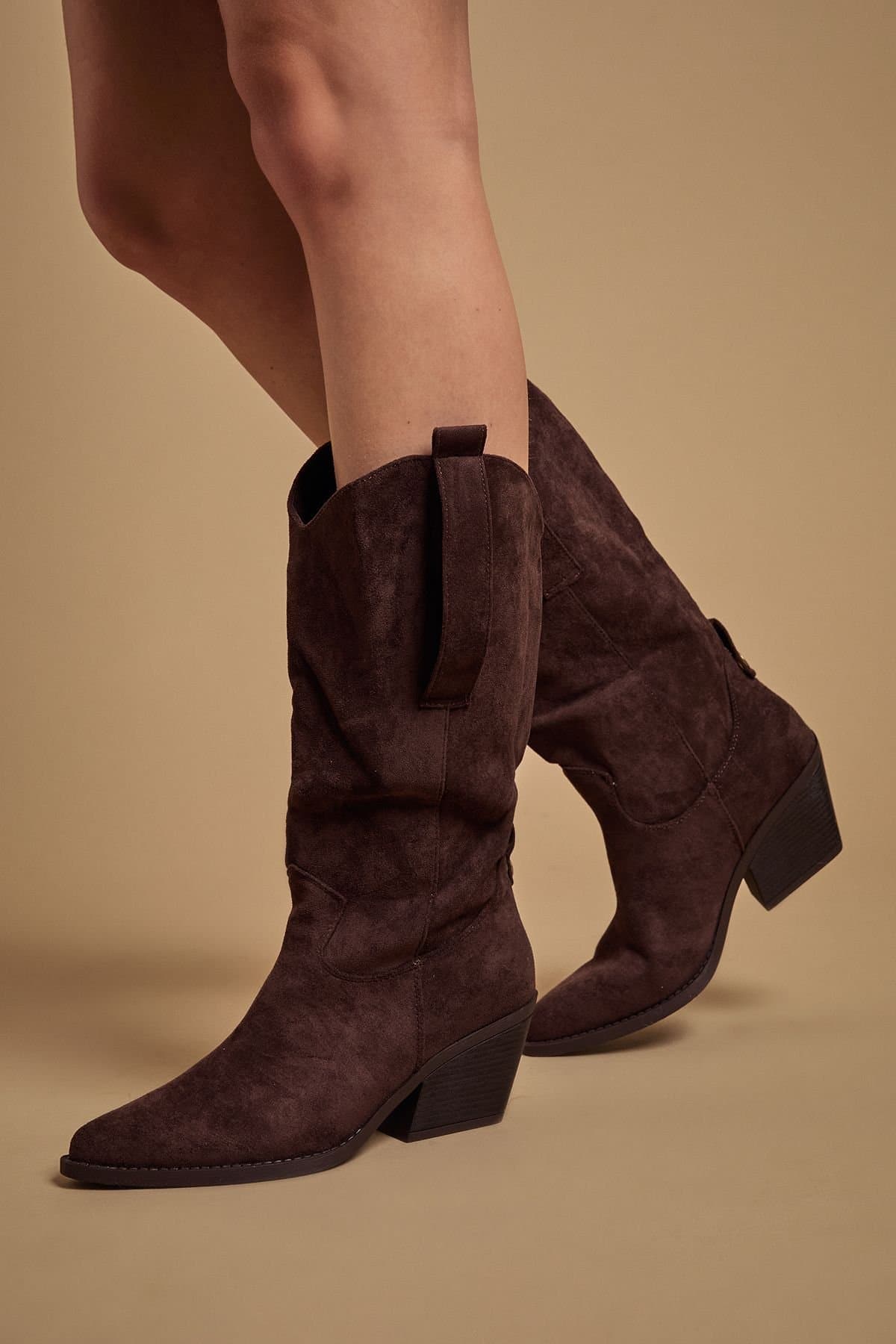 Oasis Oasis Women's Wanda Faux Suede Slouch Western Calf Boots in Chocolate