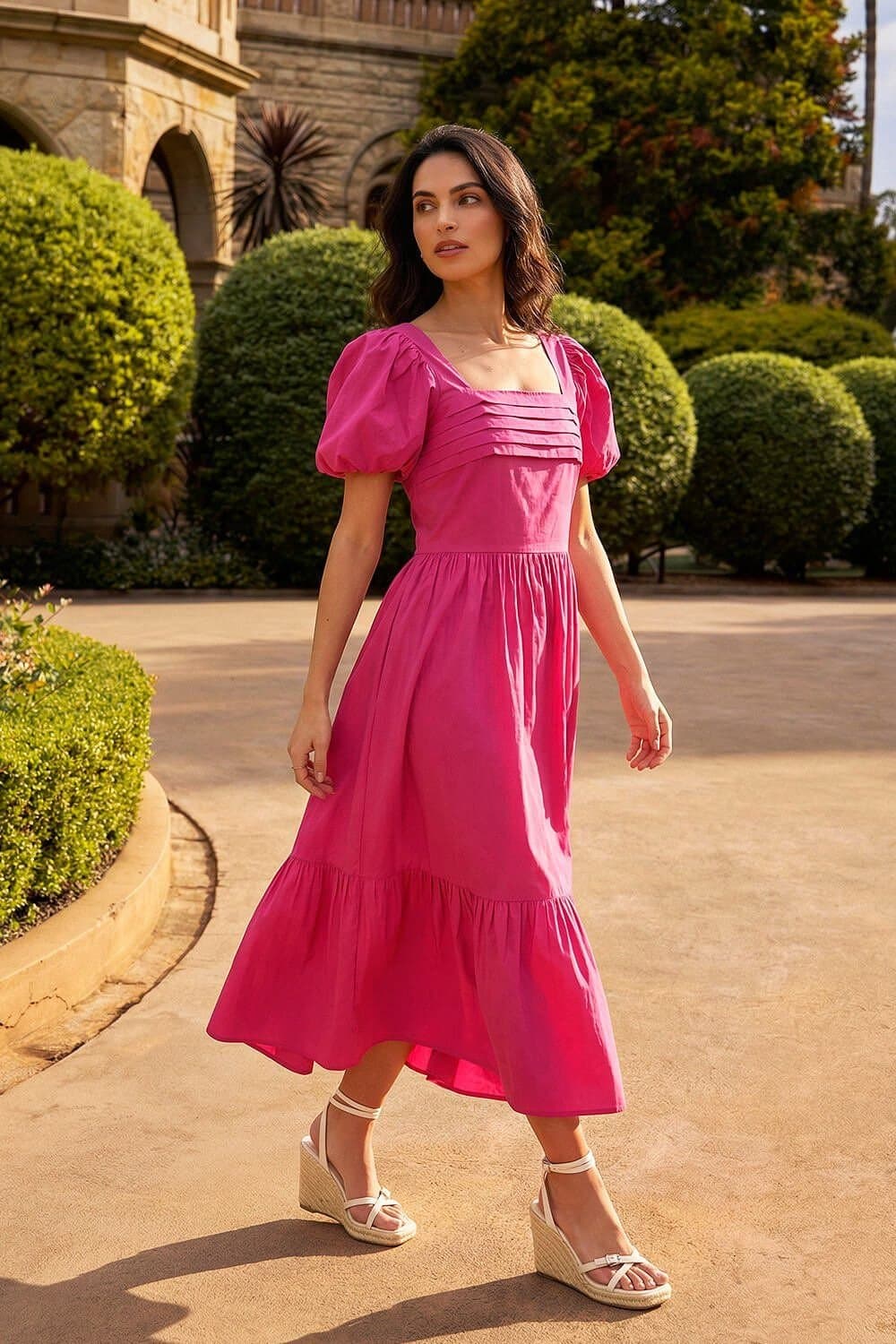 DUSK Dusk Pink Cotton Pleated Puff Midi Dress