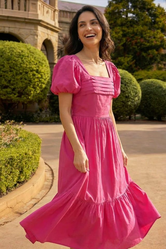 Dusk Dusk Women's Cotton Pleated Puff Midi Dress in Pink - 2