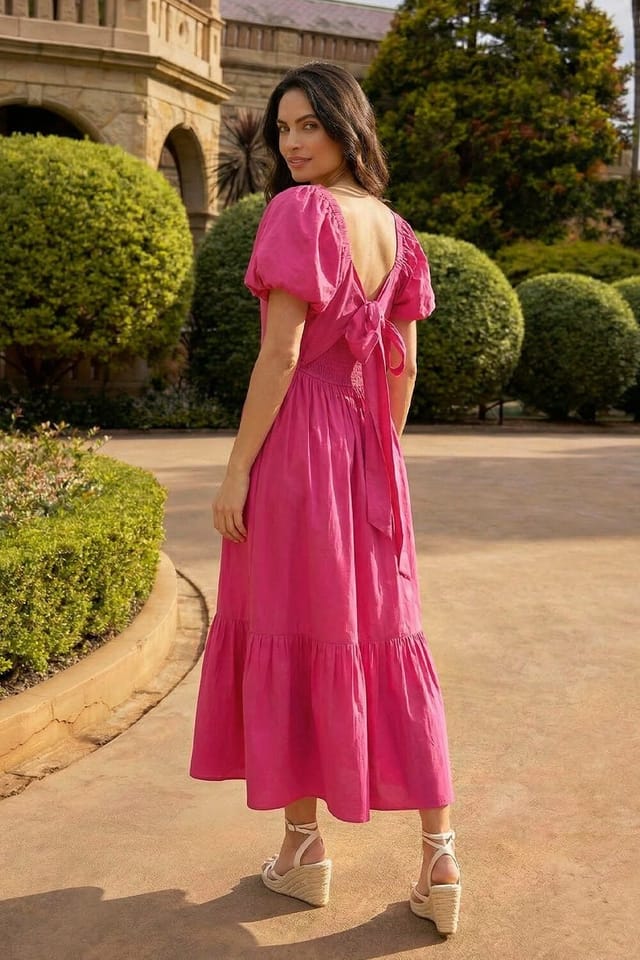 Dusk Dusk Women's Cotton Pleated Puff Midi Dress in Pink - 3