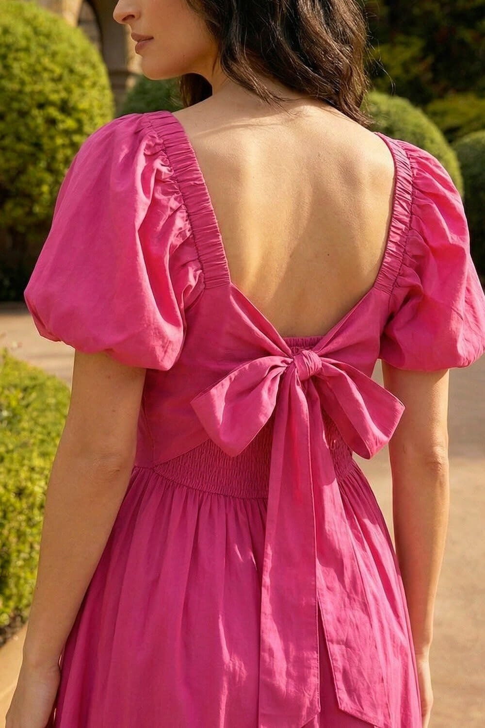 Dusk Dusk Women's Cotton Pleated Puff Midi Dress in Pink - 4