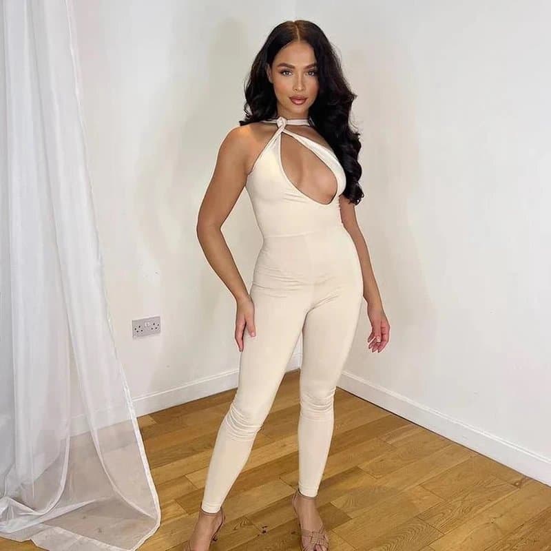 Made In Italy Beige cream knit one shoulder jumpsuit