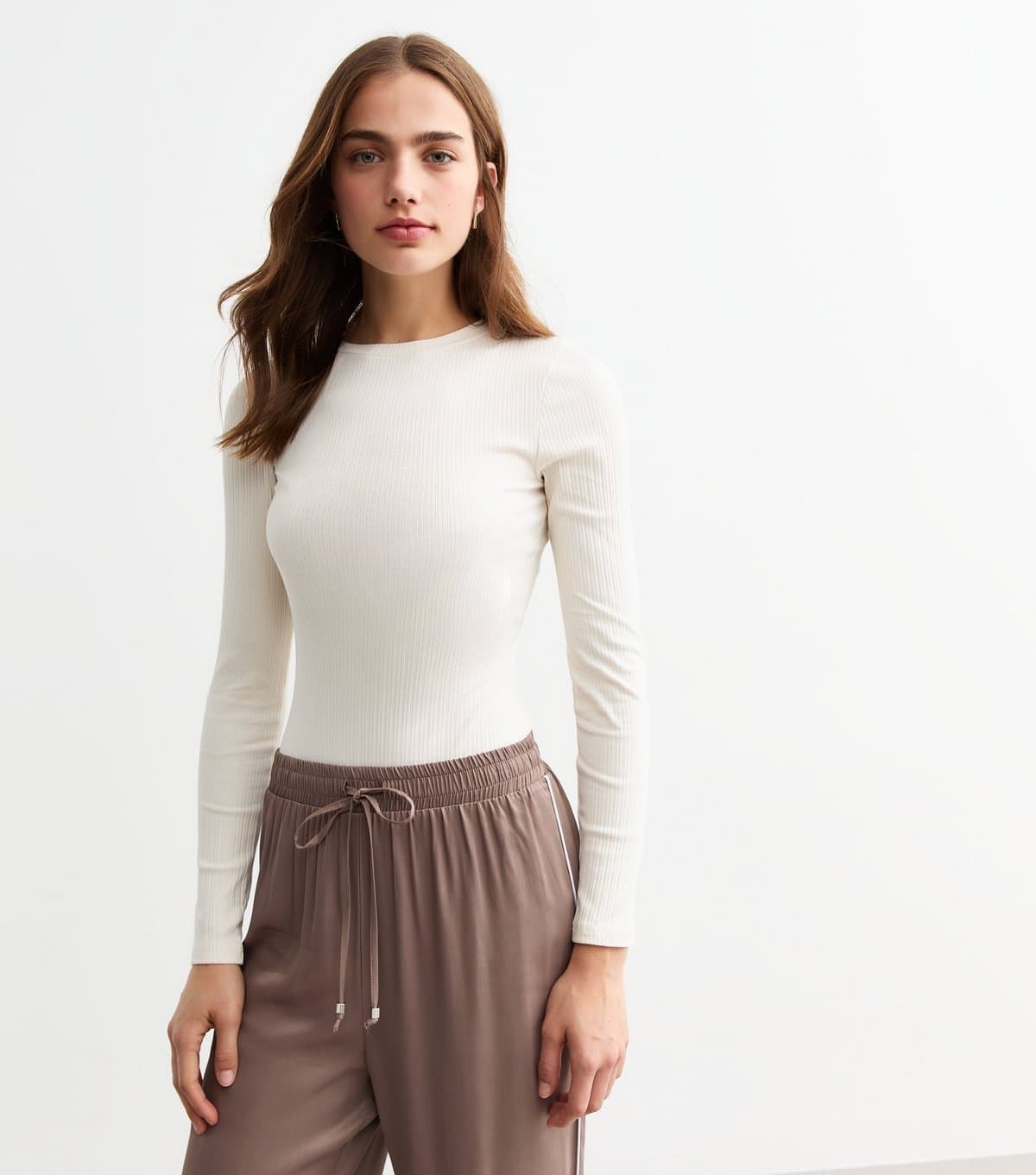 New Look Women's Off White Ribbed Cotton Blend Crew Neck Bodysuit New Look