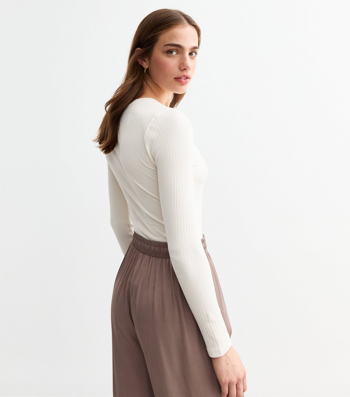 New Look Women's Off White Ribbed Cotton Blend Crew Neck Bodysuit New Look - 4