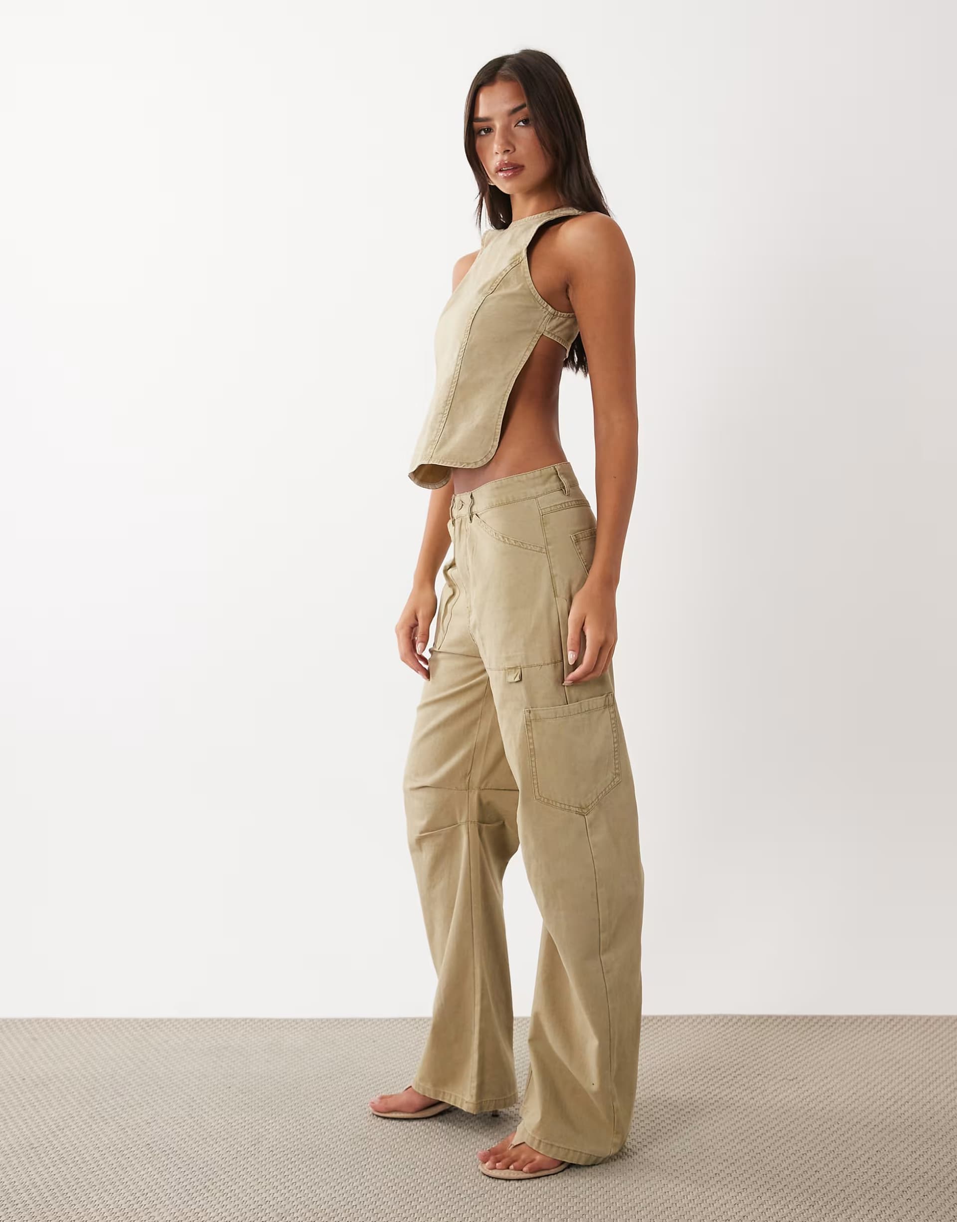 ASOS Lioness Harmony denim open back top and jeans co-ord in tan