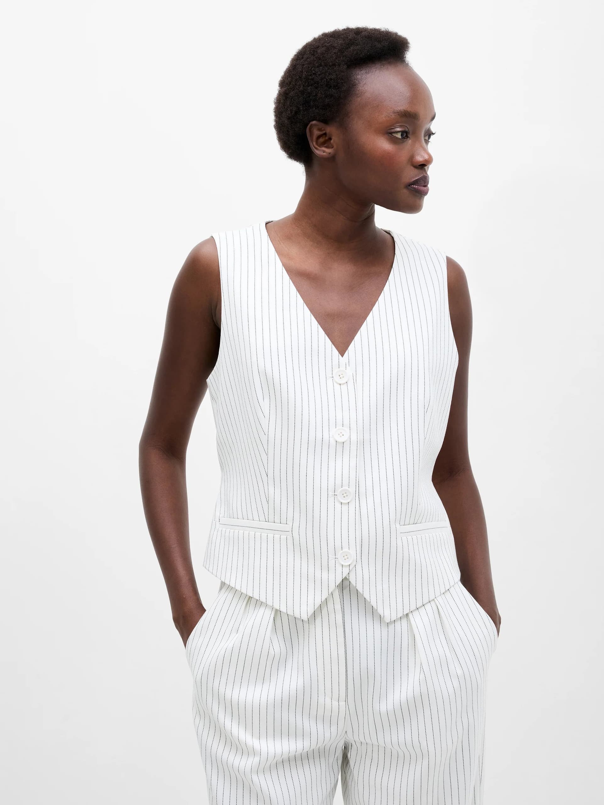 French Connection Pinstripe Waistcoat White/Black