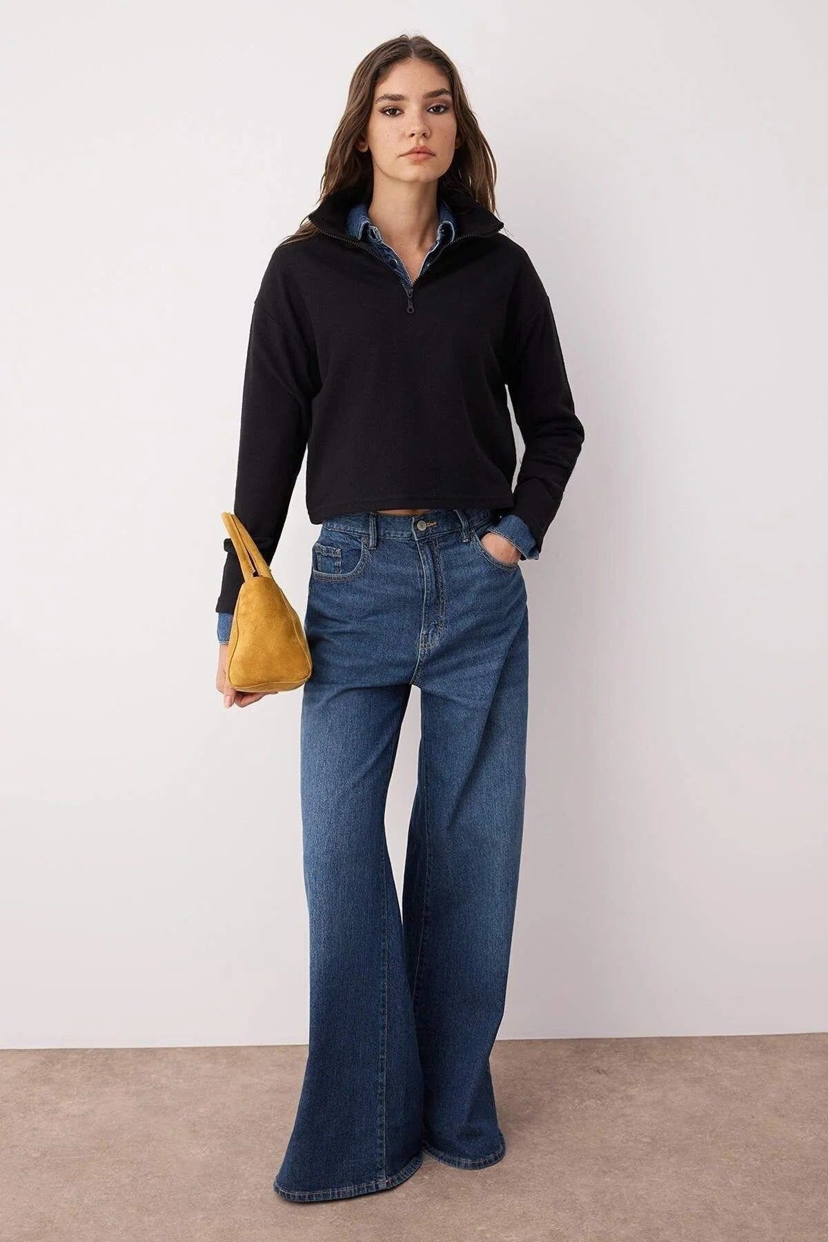 HOXTON GAL HOXTON GAL Women's Zip Neck Knitted-Look Long Sleeve Regular Fit Sweatshirt in Black - 3