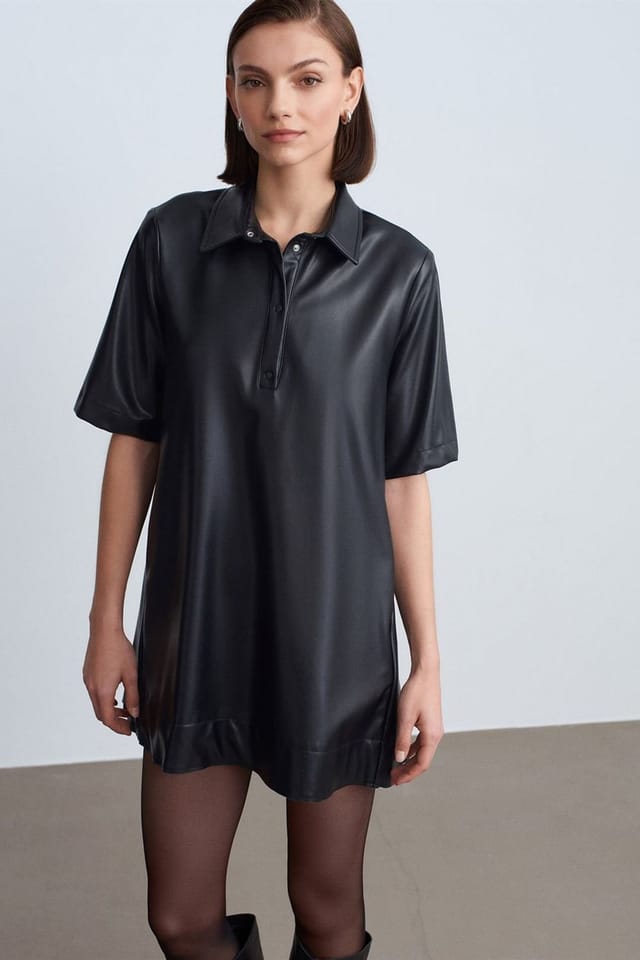Dilvin Dilvin Women's Loose Fit Faux Leather Mini Shirt Dress in Black - 2