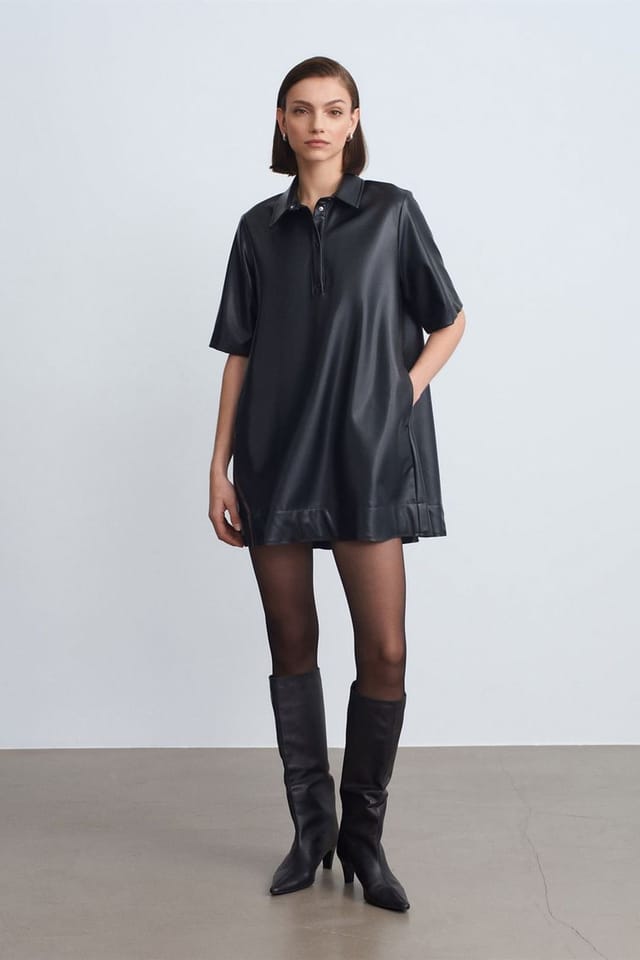 Dilvin Dilvin Women's Loose Fit Faux Leather Mini Shirt Dress in Black - 3