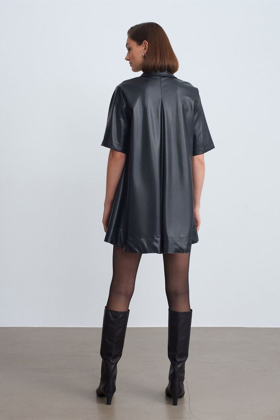 Dilvin Dilvin Women's Loose Fit Faux Leather Mini Shirt Dress in Black - 4