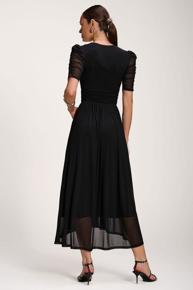 Jolie Moi Jolie Moi Women's Mesh Ruched Sleeve Maxi Dress in Black - 2