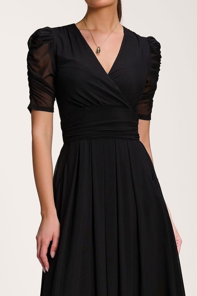 Jolie Moi Jolie Moi Women's Mesh Ruched Sleeve Maxi Dress in Black - 3