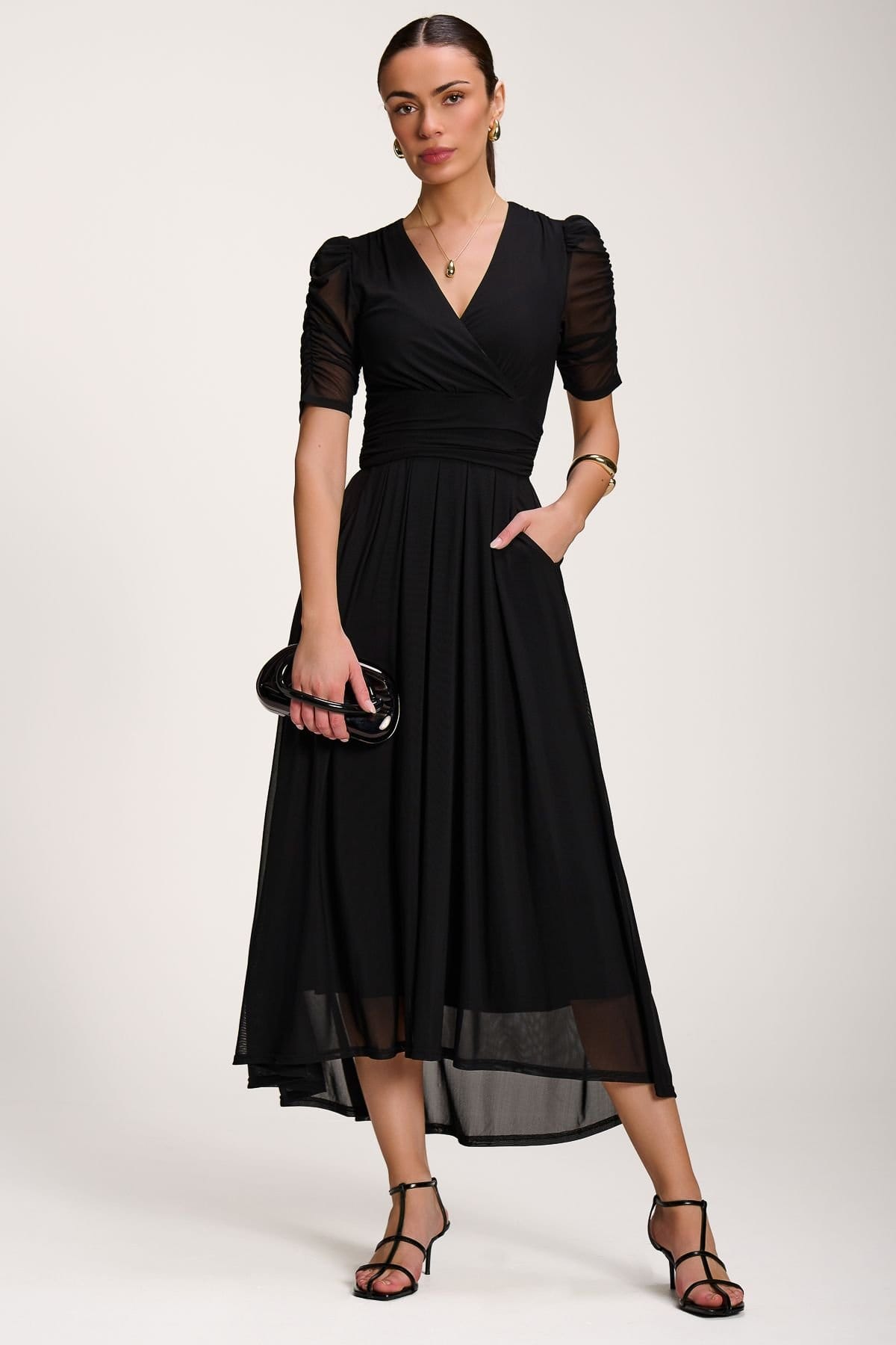 Jolie Moi Jolie Moi Women's Mesh Ruched Sleeve Maxi Dress in Black - 4