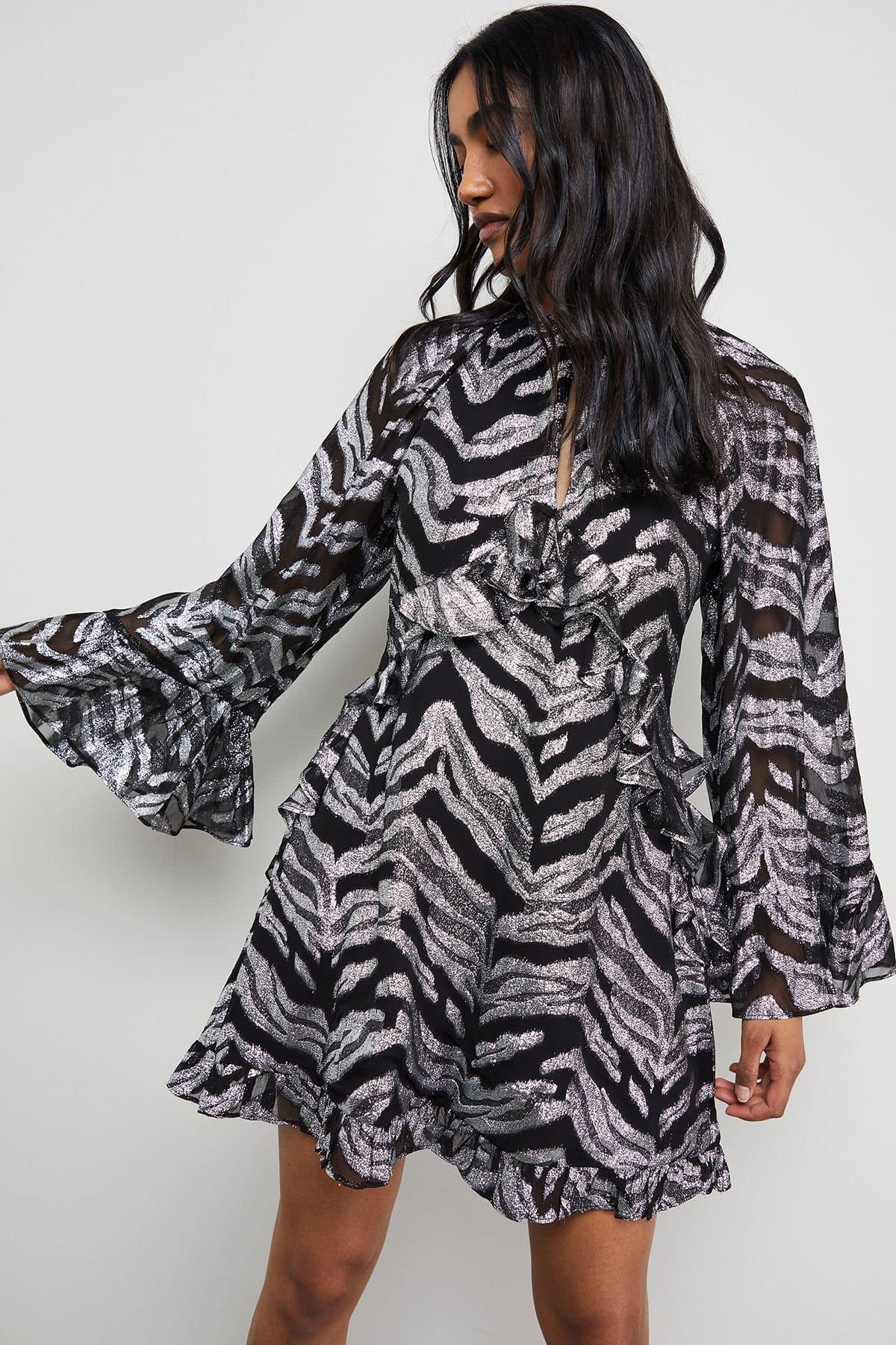 Warehouse Warehouse Women's Flippy Hem Volume Sleeve Viscose Zebra Jacquard Dress in Black