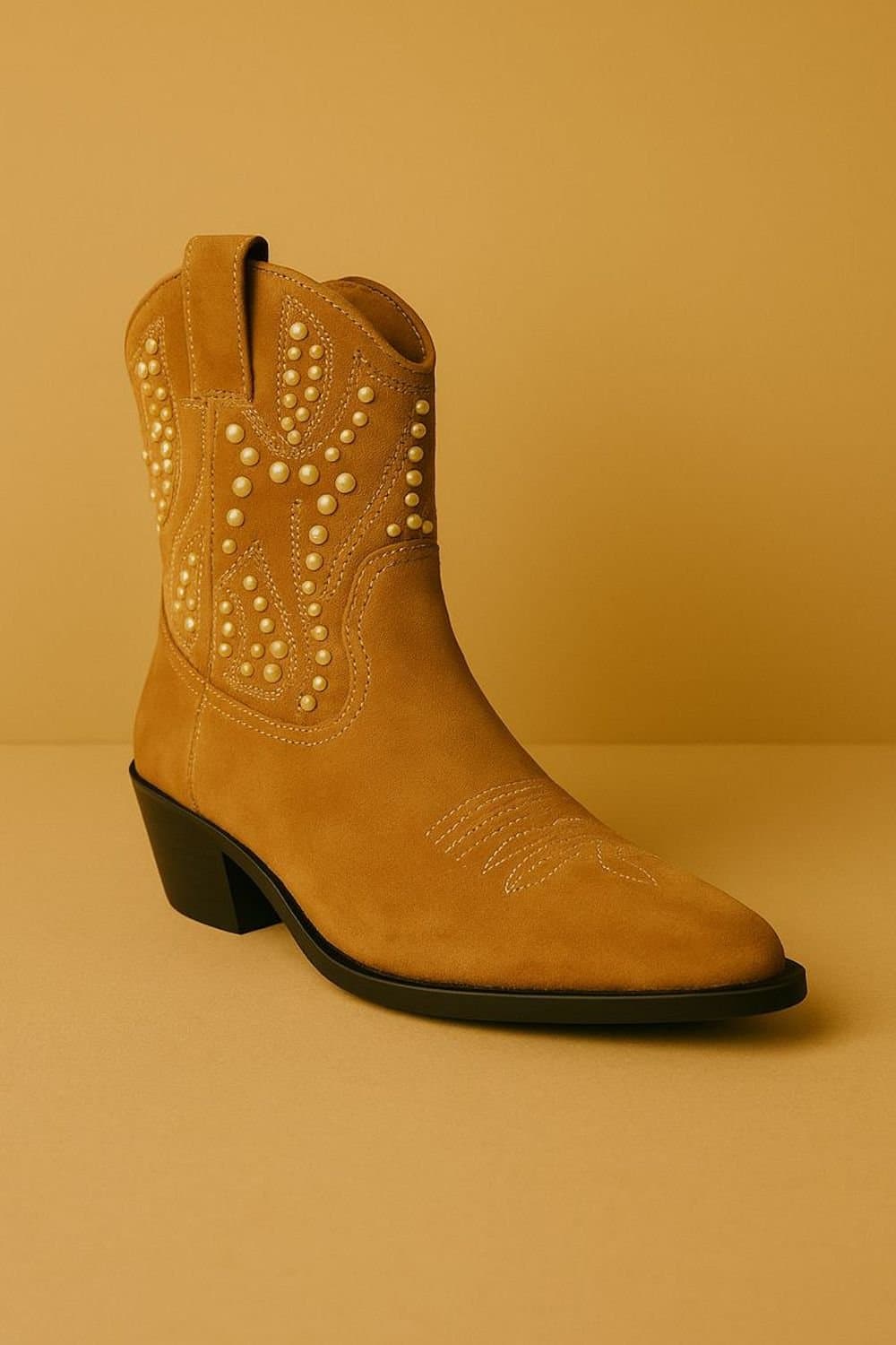 Down To Earth Down To Earth Women's Western Studded Suede Ankle Cowboy Boots with Pointed Toe & Low Heel in Tan