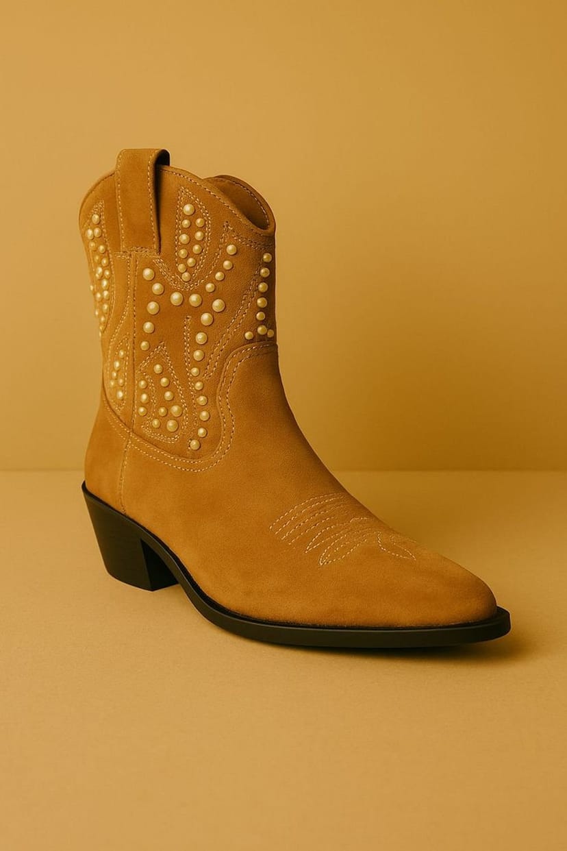 Down To Earth Down To Earth Women's Western Studded Suede Ankle Cowboy Boots with Pointed Toe & Low Heel in Tan - 1