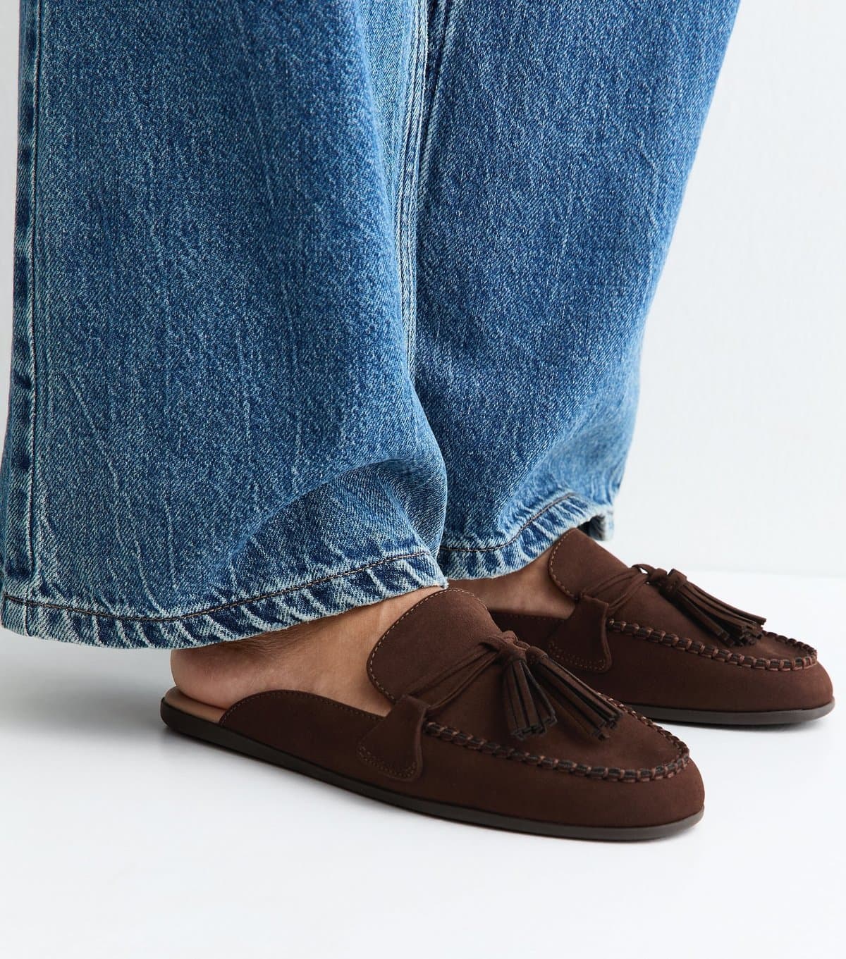 New Look Women's Brown Faux Suede Flat Tassel Loafer Mules Vegan New Look