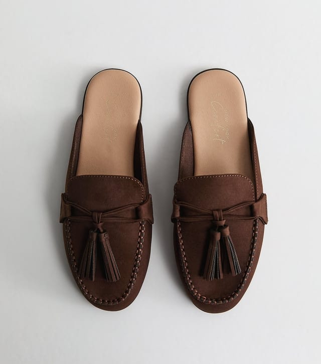 New Look Women's Brown Faux Suede Flat Tassel Loafer Mules Vegan New Look - 2
