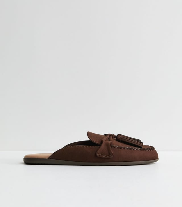 New Look Women's Brown Faux Suede Flat Tassel Loafer Mules Vegan New Look - 3