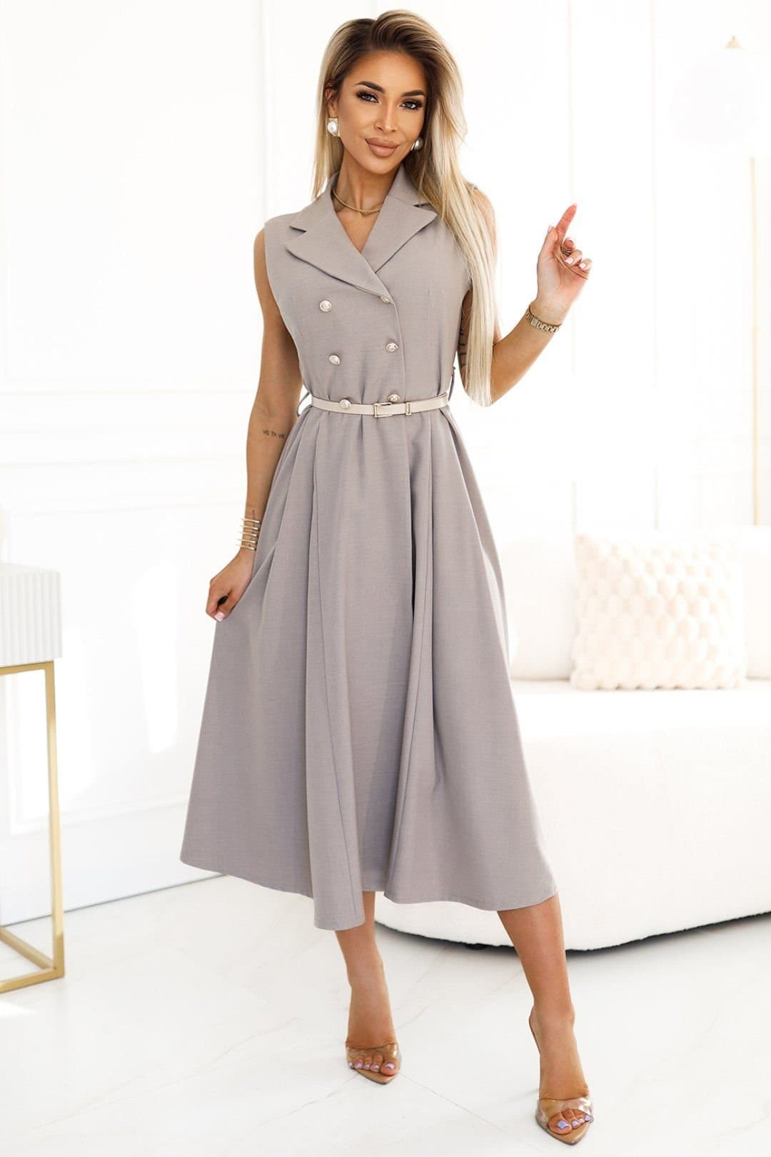 Love Lace Love Lace Women's Sleeveless Midi Trench Coat with Belt in Grey