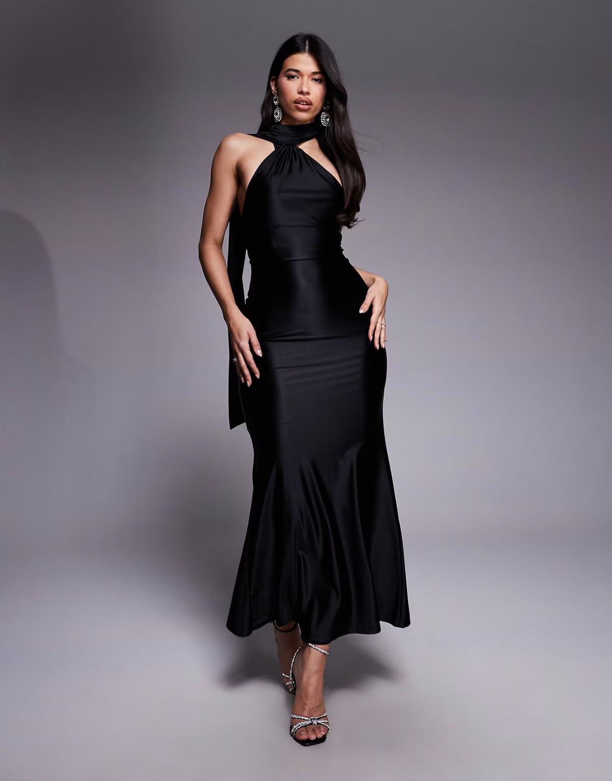 ASOS Rare London stretch satin asymmetric scarf detail maxi dress in black - 1