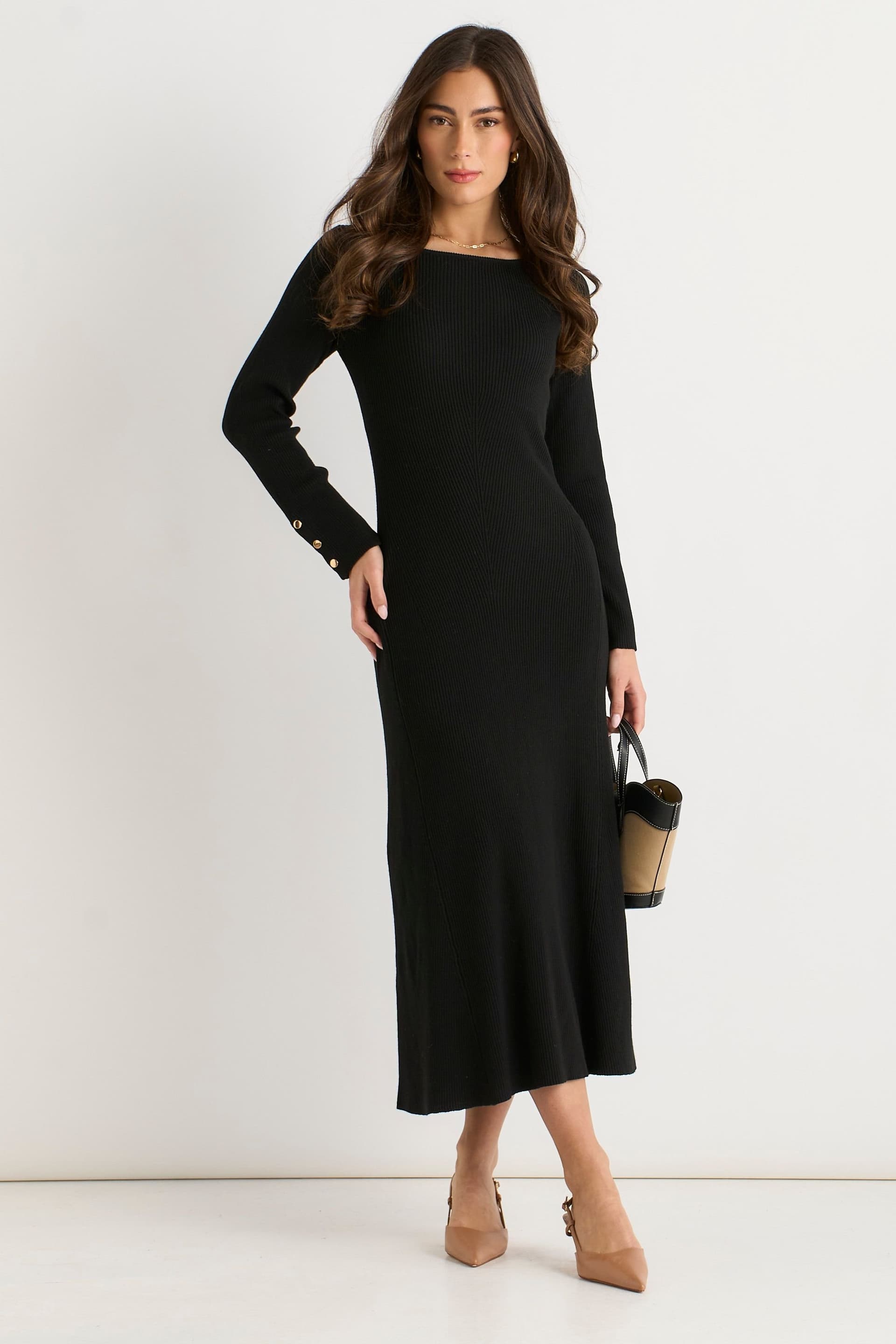 Gini London Gini London Women's Black Slash Neck Knitted Fit & Flare Dress