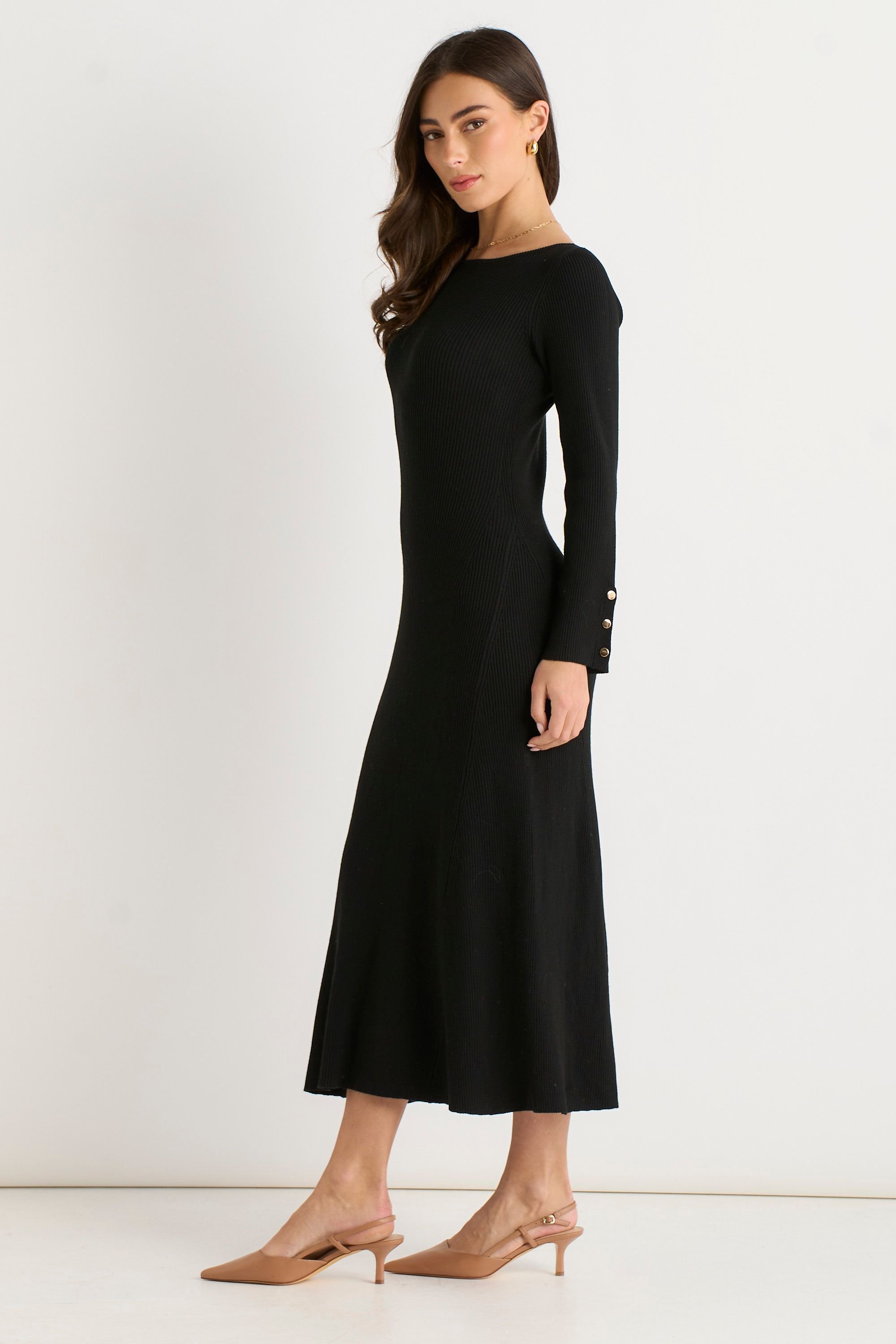 Gini London Gini London Women's Black Slash Neck Knitted Fit & Flare Dress - 3