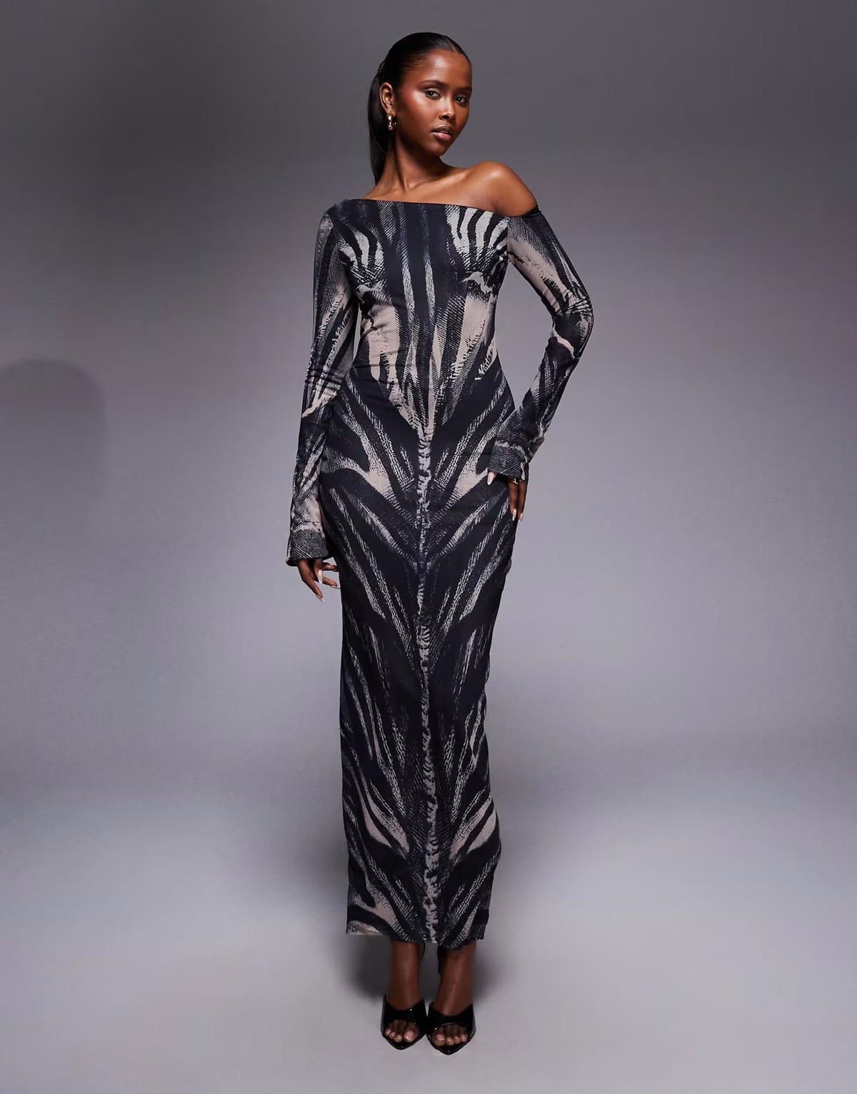 ASOS Murci premium sculpting mesh asymmetric off shoulder flare sleeve maxi dress in zebra print - 1