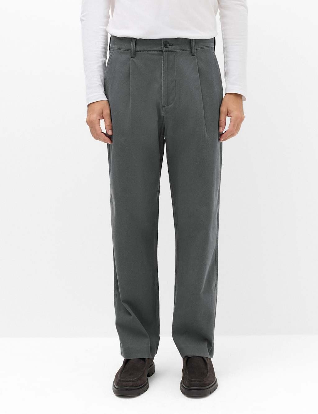 Marks & Spencer M&S Cotton Rich Relaxed Pleat Front Trousers Dark Pewter