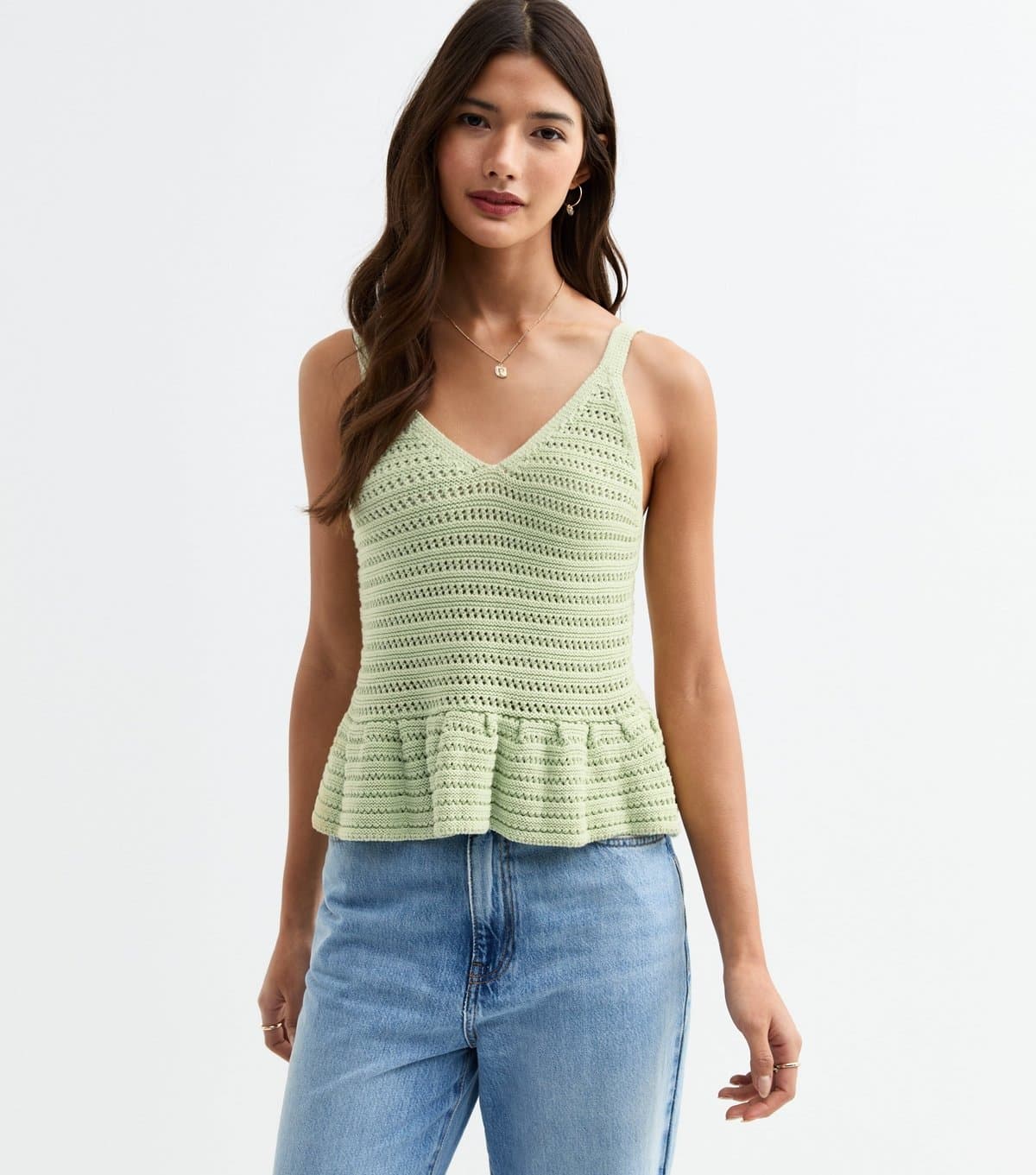 New Look Women's Green Open Knit V-Neck Peplum Vest New Look