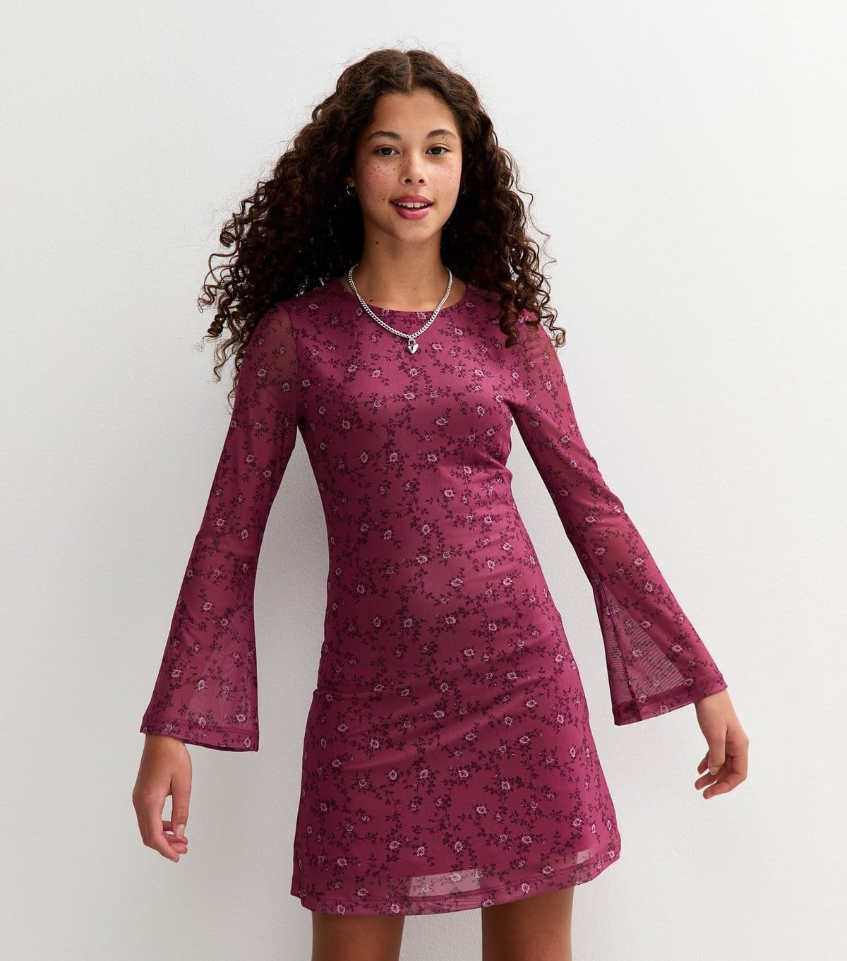 New Look Girls' Red Mesh Rose Print Long Sleeve Mini Dress New Look - 1