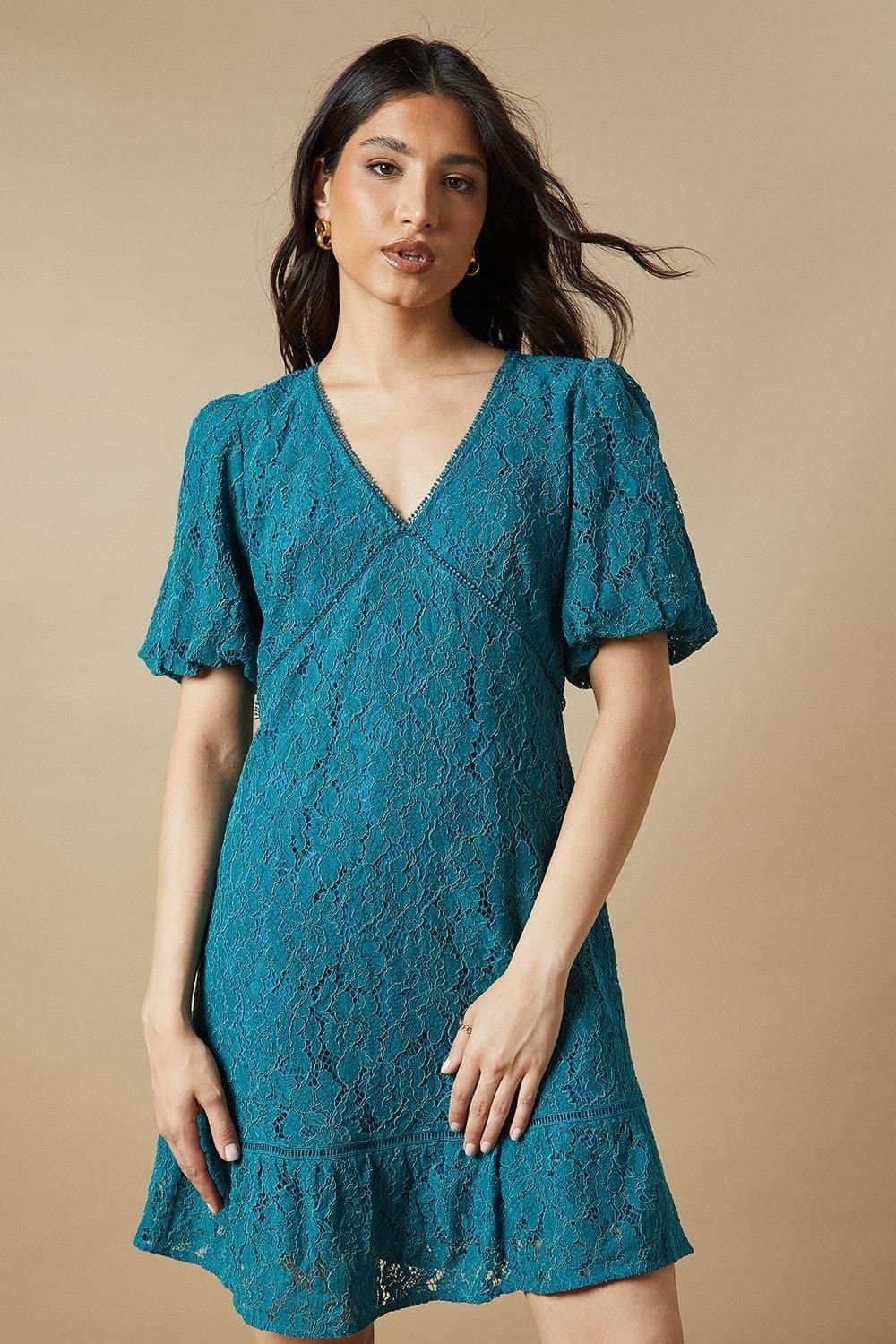Oasis Oasis Women's Lace Puff Sleeve Mini Dress in Green