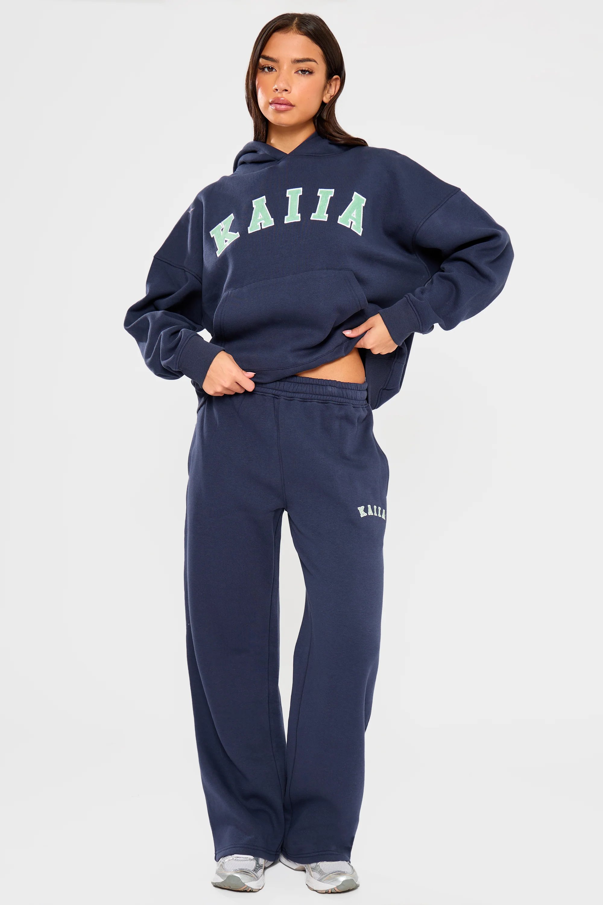 Kaiia Kaiia Slogan Wide Leg Joggers Navy & Jade Green - 2