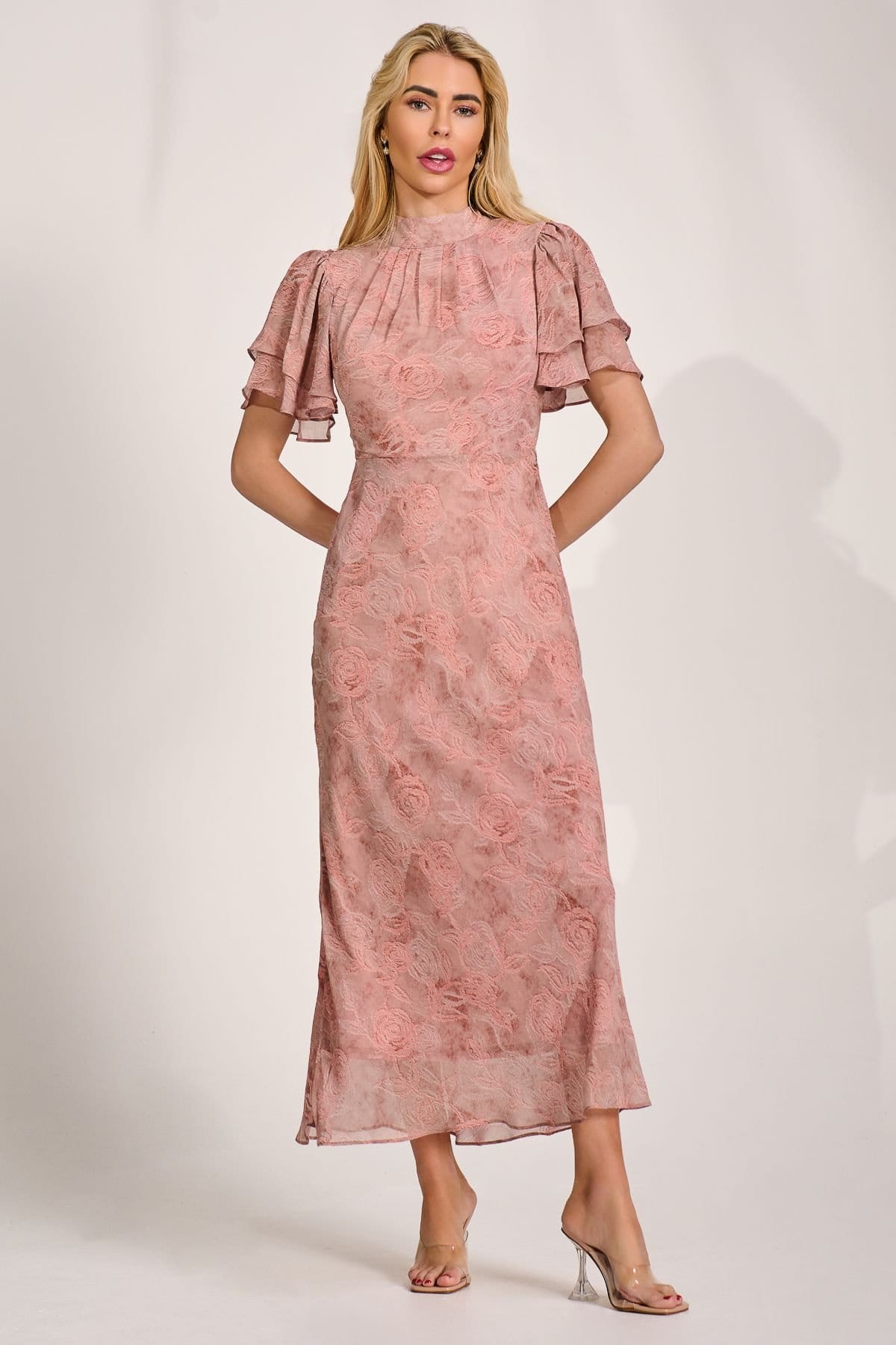 Jolie Moi Jolie Moi Women's High Neck Angel Sleeve Chiffon Maxi Dress in Pink - 4